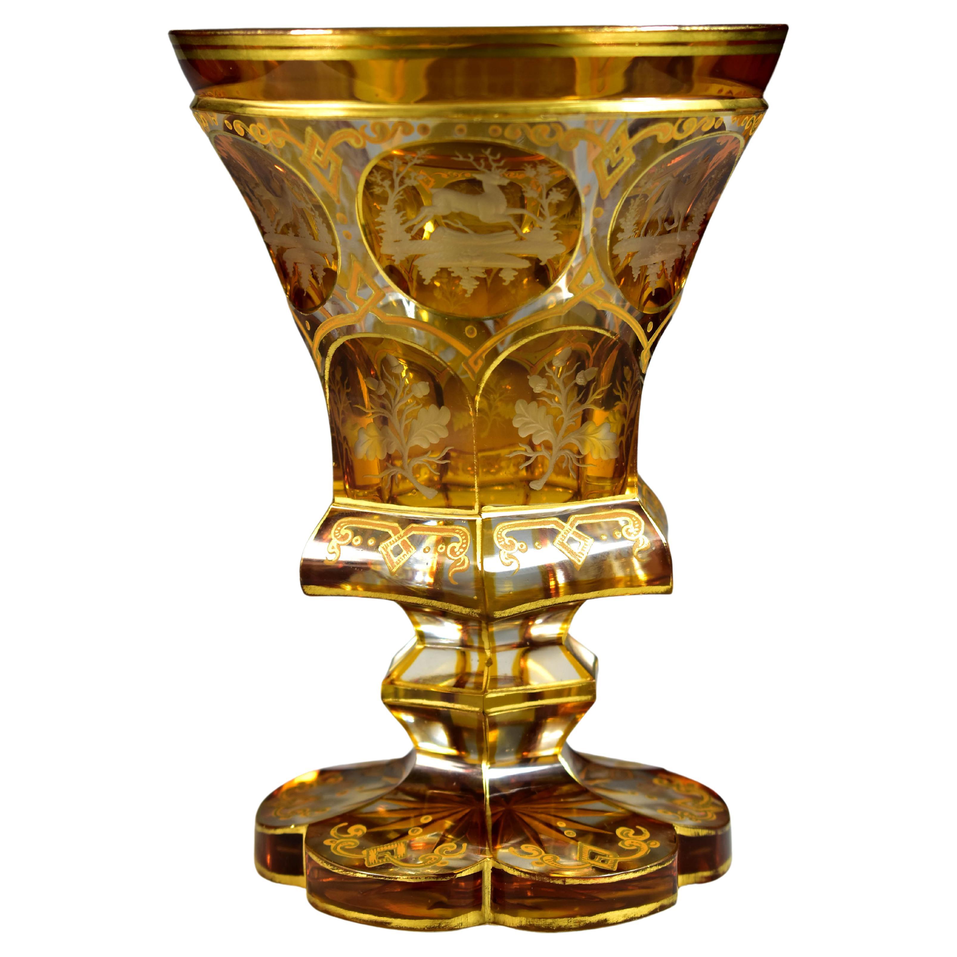 Antique Goblet - Amber Lazure - Hunting motifs – Bohemian Glass 19th century