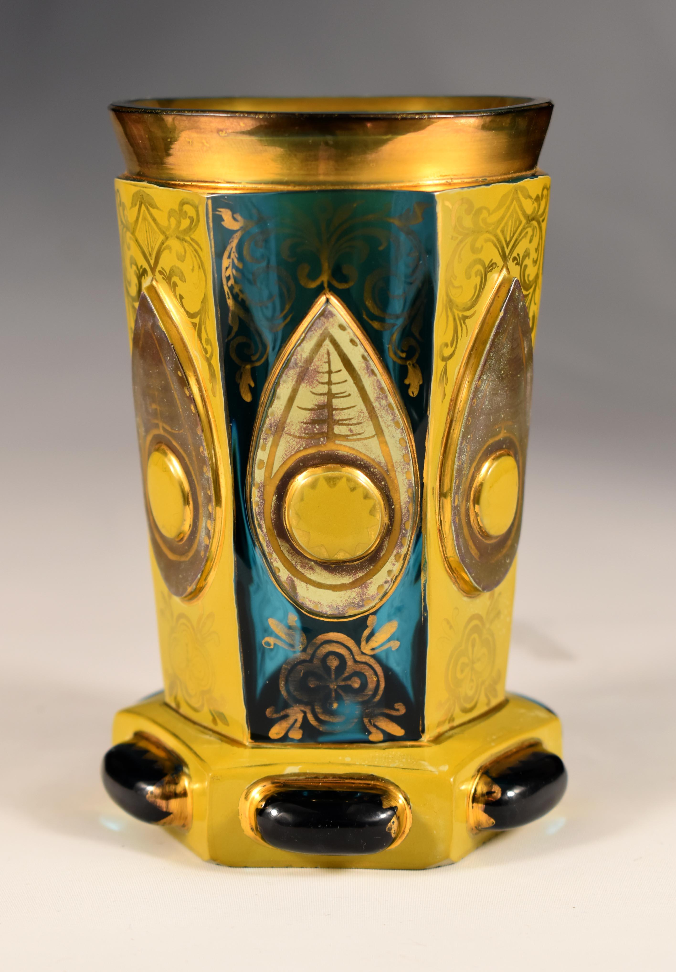 Cut lithyane glass goblet , painted with gold is typical for the F. Egermann 19th century Bohemian glass production in the Nothern Czech Republic. This is a beautiful presentation of Czech glassmakers’ mastery. This piece of art is very rare and