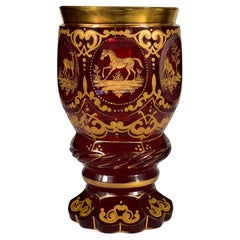 Antique Goblet, Ruby Cut, Gilded Engraving, Bohemian Glass 