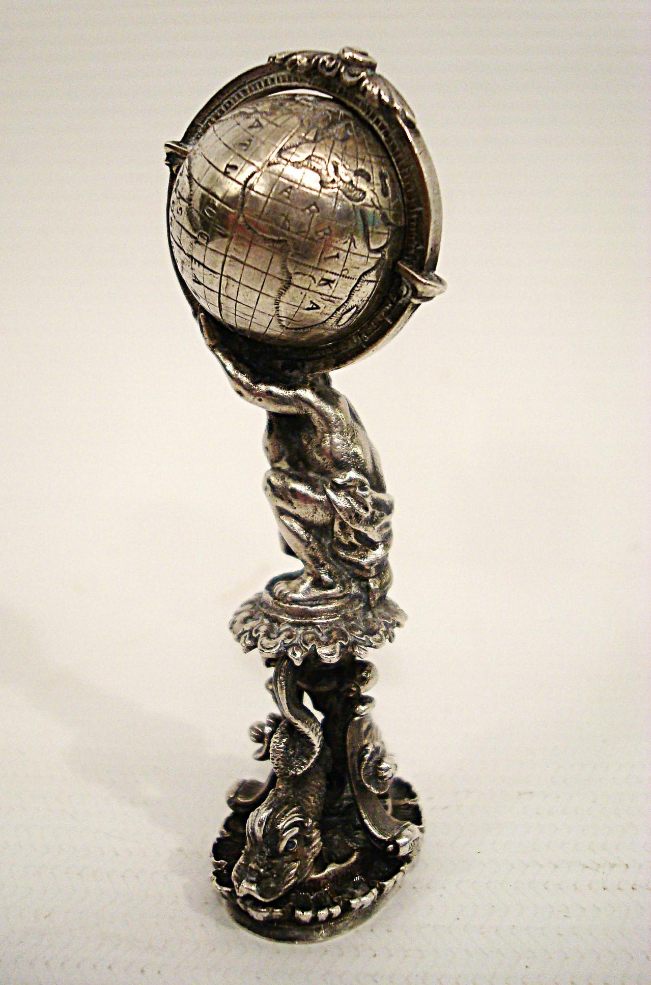 Antike Gott Atlas Sterling Silber Figural Wachs Siegel Stamper. Deutsch 19-Jahrhundert. (Gegossen) im Angebot