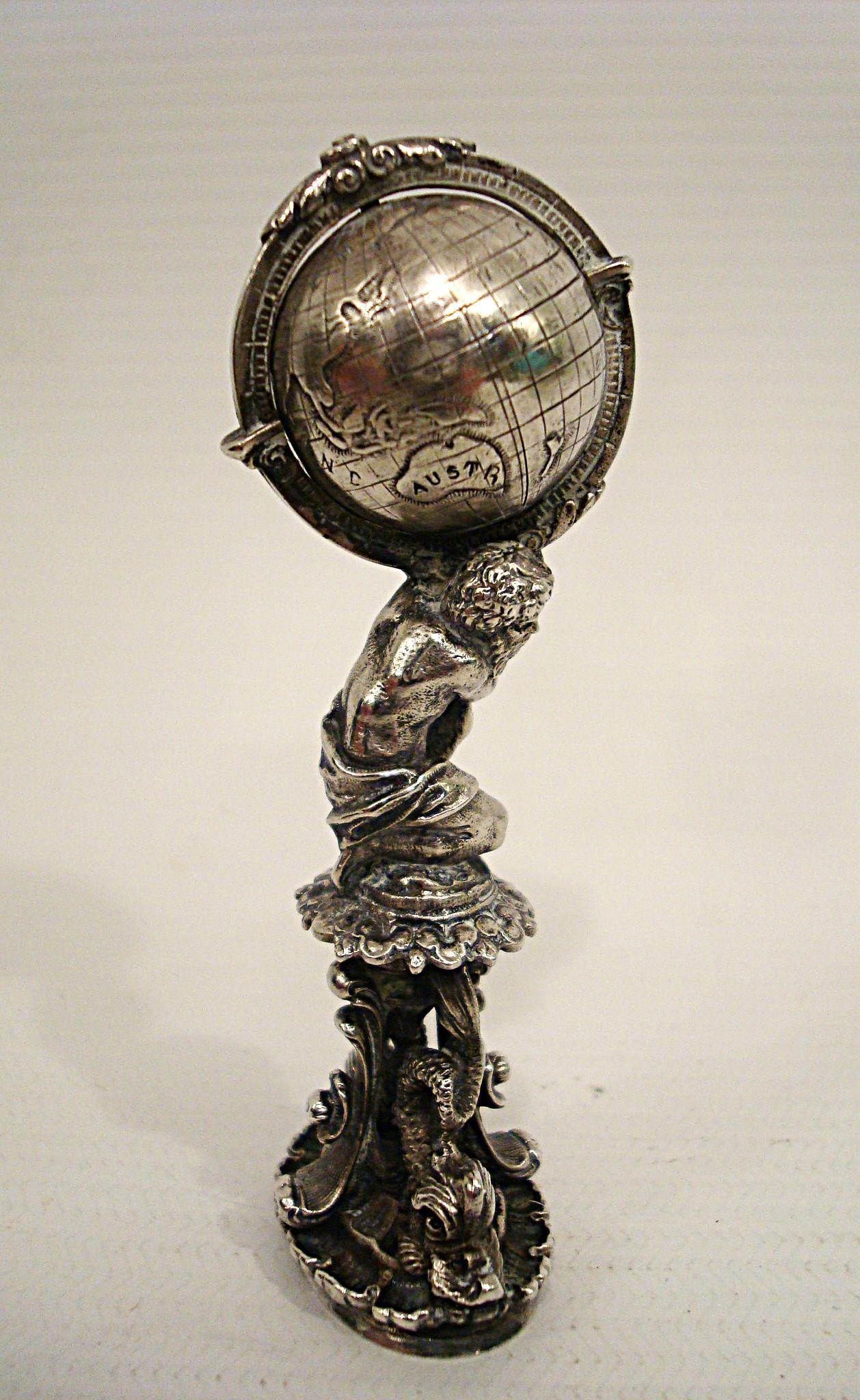 Antike Gott Atlas Sterling Silber Figural Wachs Siegel Stamper. Deutsch 19-Jahrhundert. (19. Jahrhundert) im Angebot