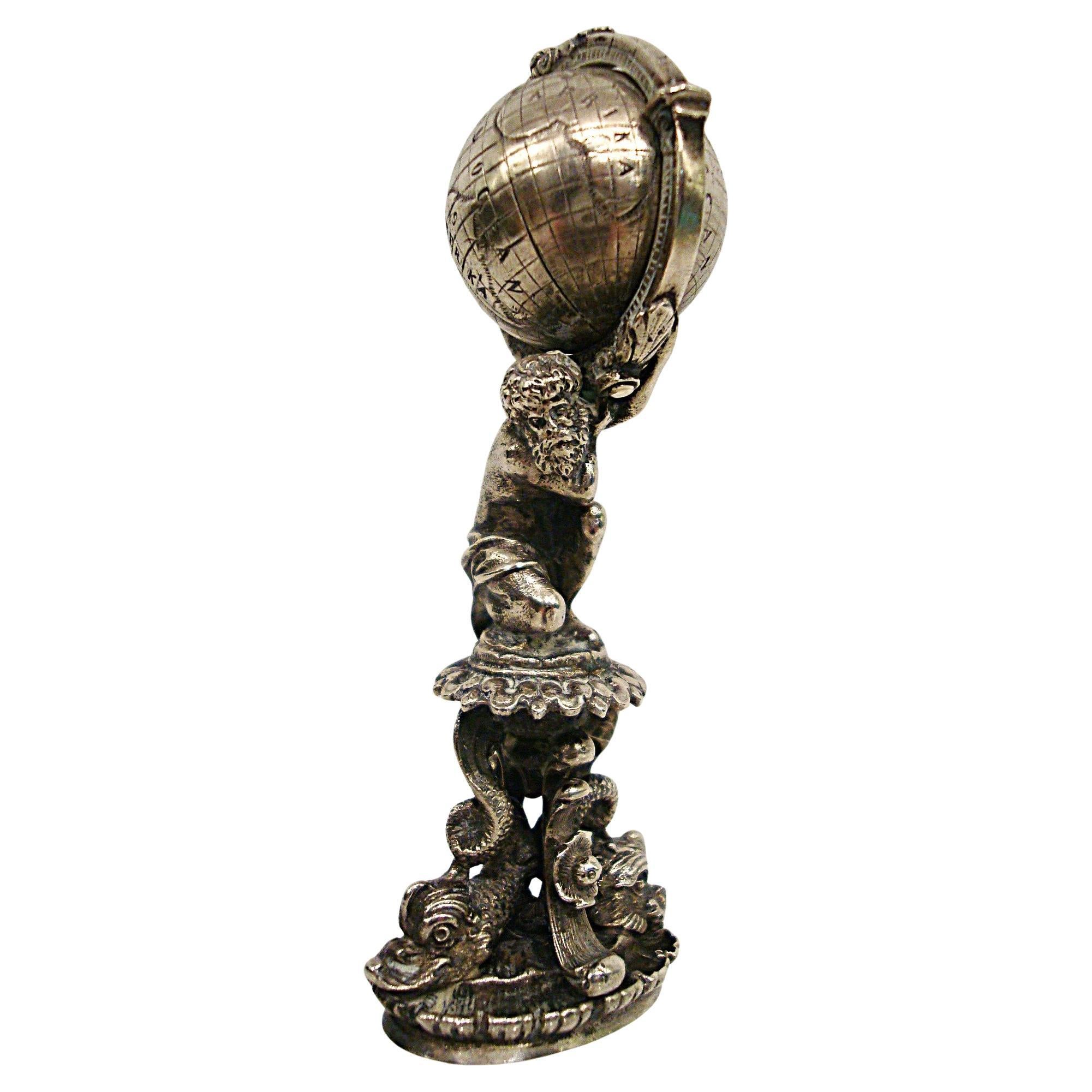 Antike Gott Atlas Sterling Silber Figural Wachs Siegel Stamper. Deutsch 19-Jahrhundert. im Angebot