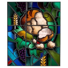 Antique Goddard & Gibbs Stained Glass Panel of Fruit & Foliage