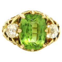 Antique Gold 5ct Old Peridot 2 Cushion Old Mine Cut Diamond Sides Open Work Ring