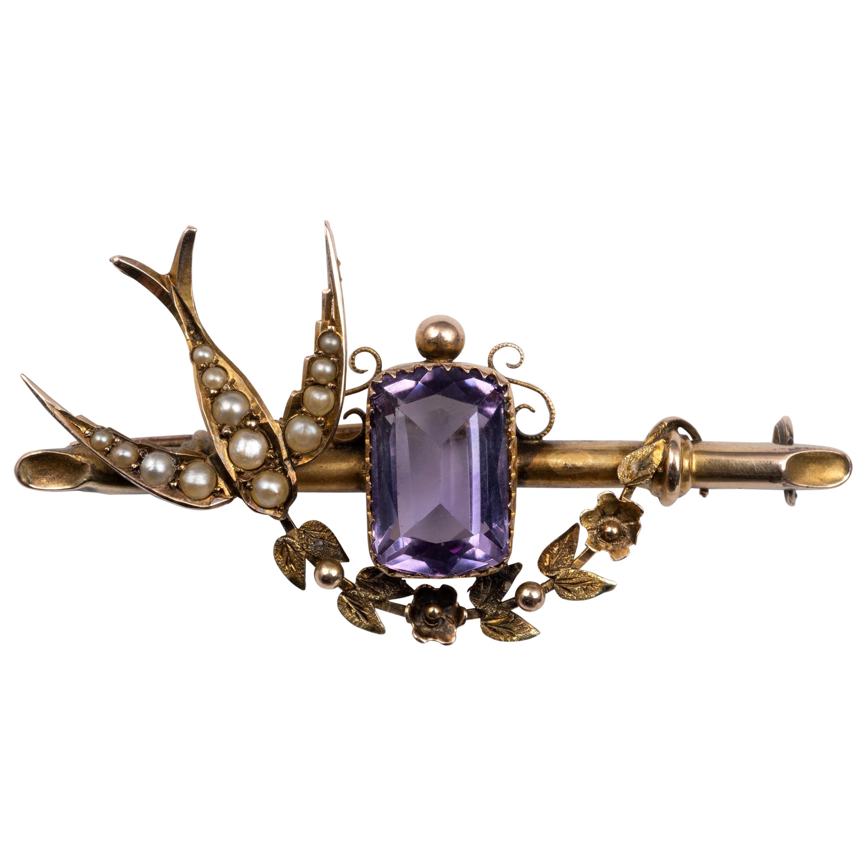 Antique Gold Amethyst and Pearl Swallow Bird Flower Garland Sweetheart Brooch 