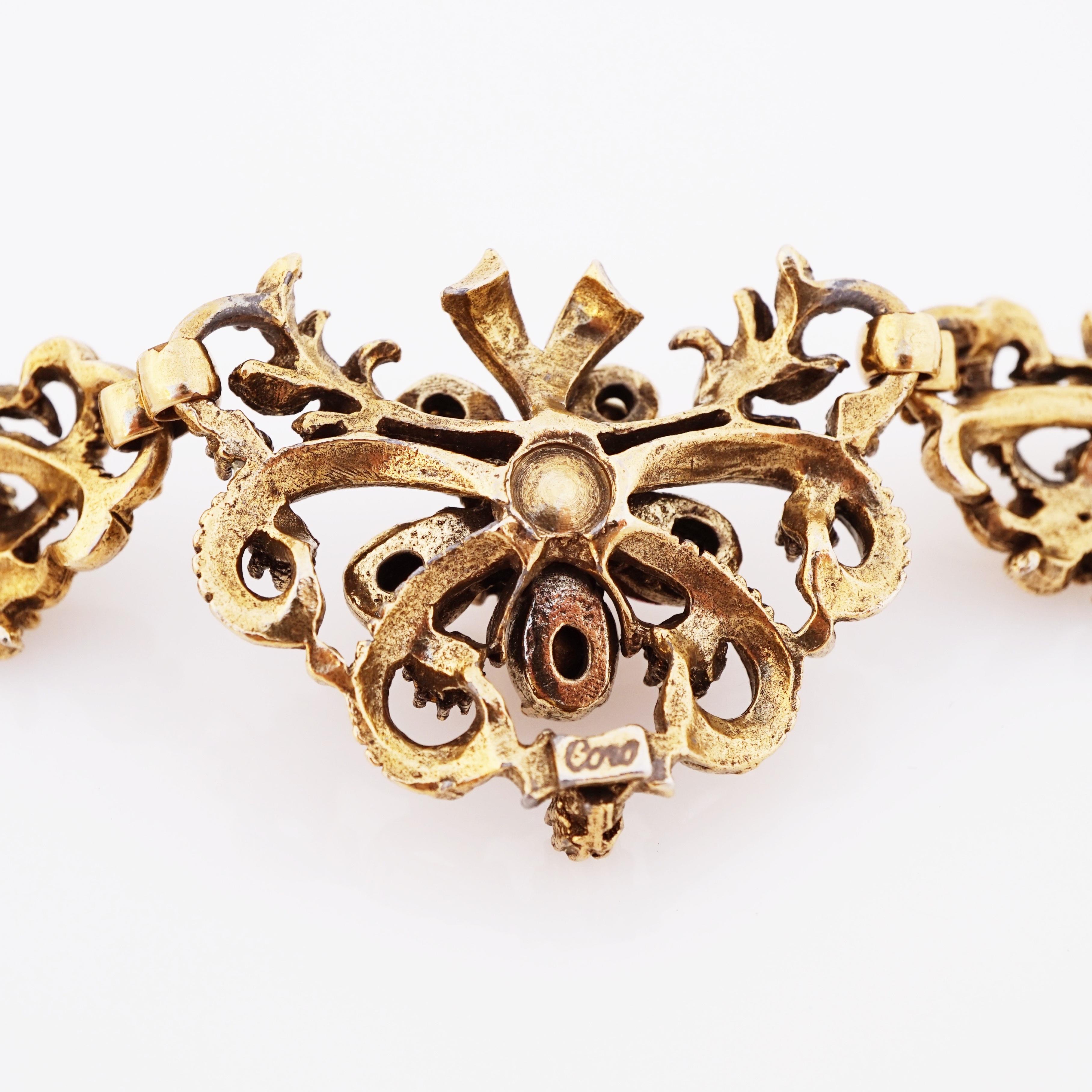 Modern Antique Gold Amethyst Crystal Flower Choker Necklace By Coro, 1950s