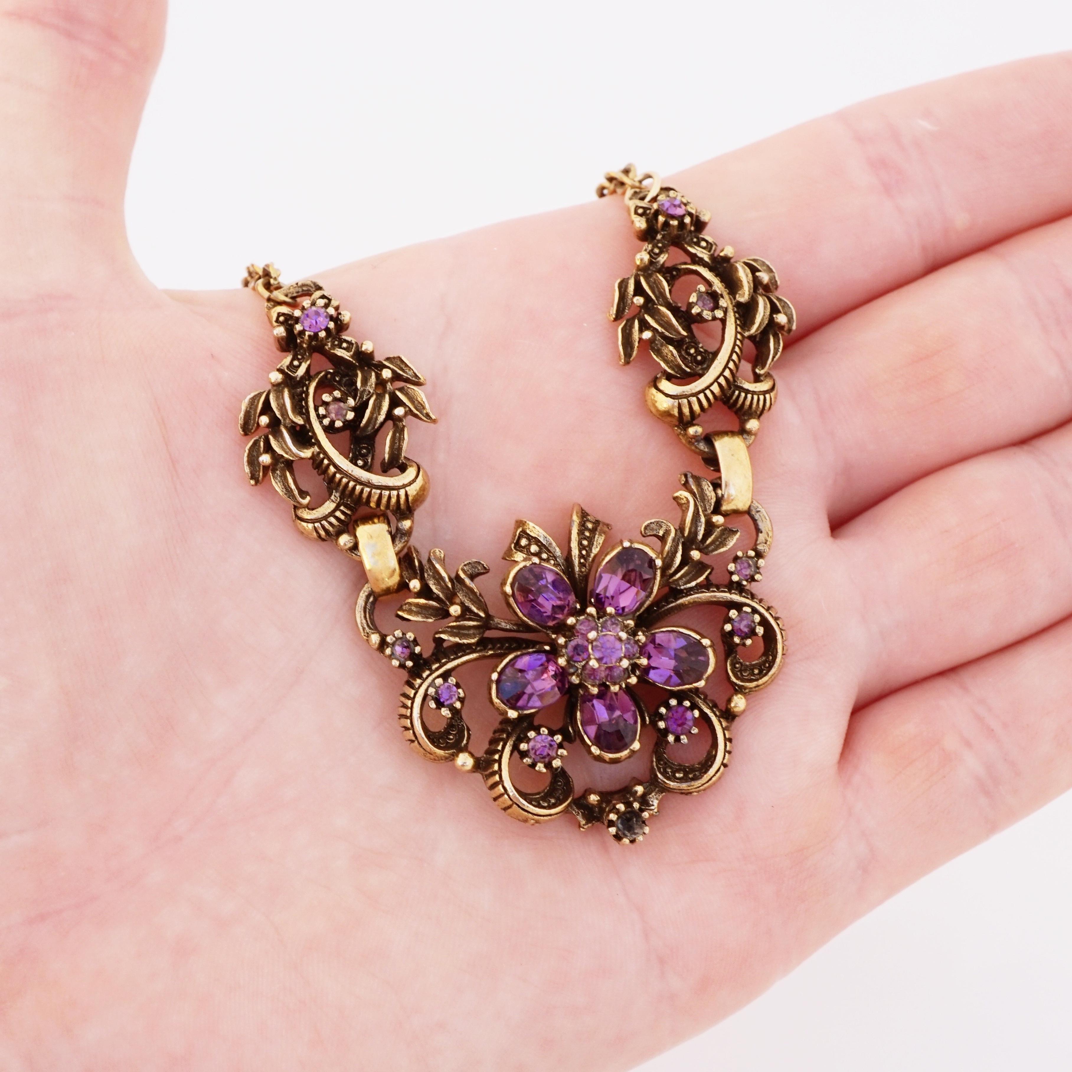 Women's Antique Gold Amethyst Crystal Flower Choker Necklace By Coro, 1950s