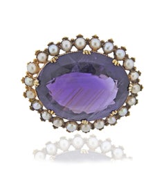 Antique Gold Amethyst Pearl Brooch