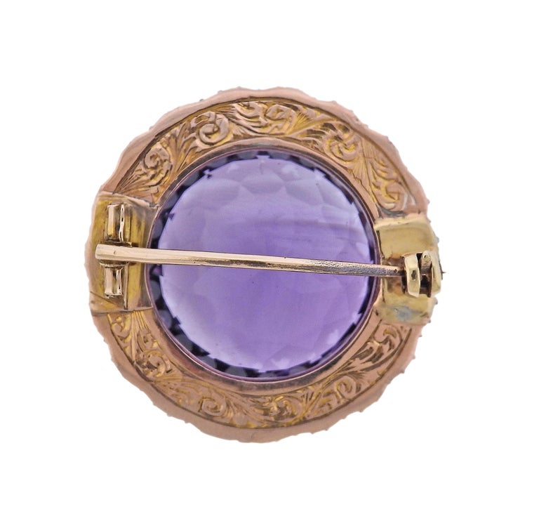 Broche Vintage En Or Avec Perle Améthyste - Modèle Ancien Français, Très Bon état