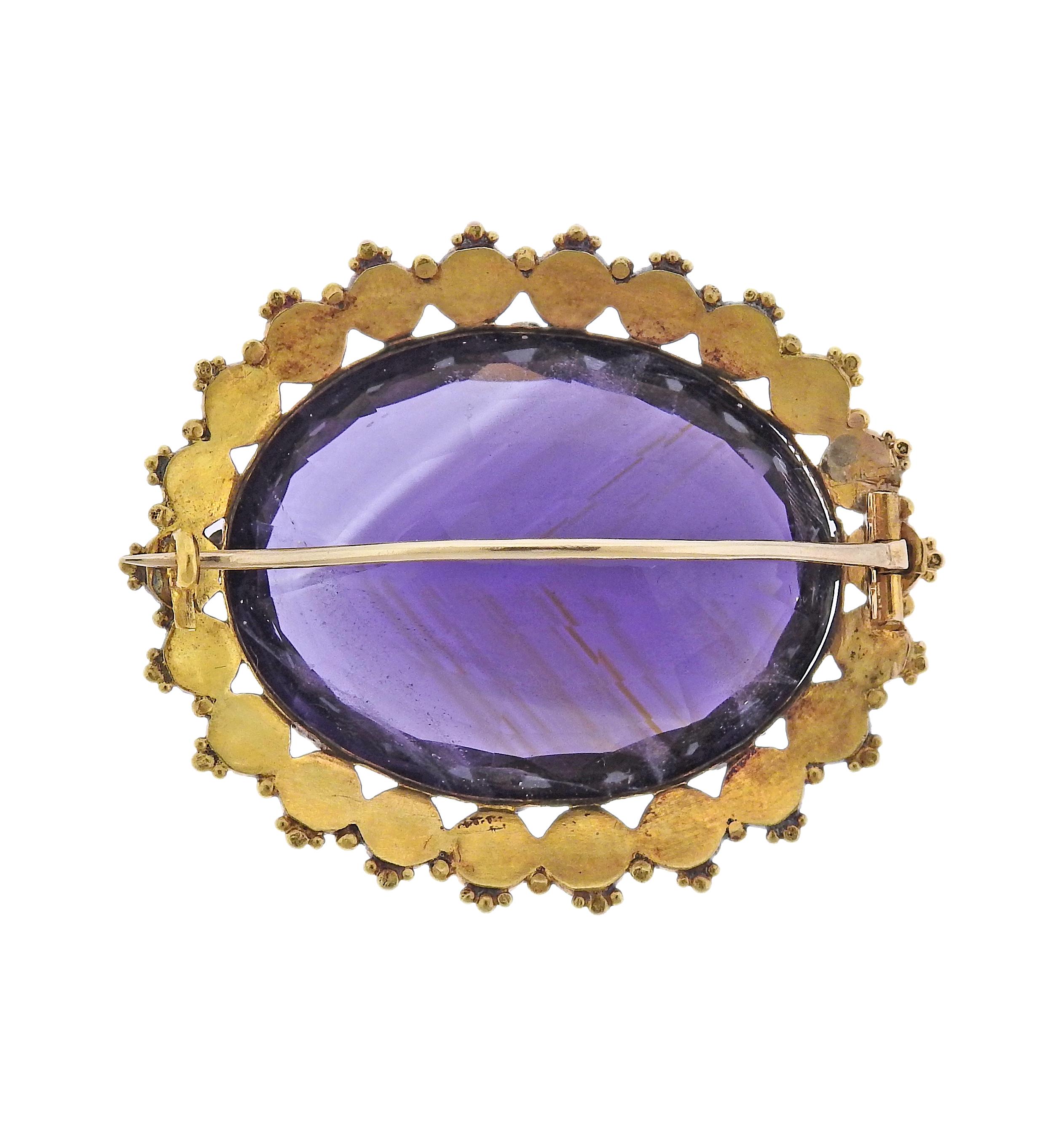 Oval Cut Antique Gold Amethyst Pearl Brooch For Sale