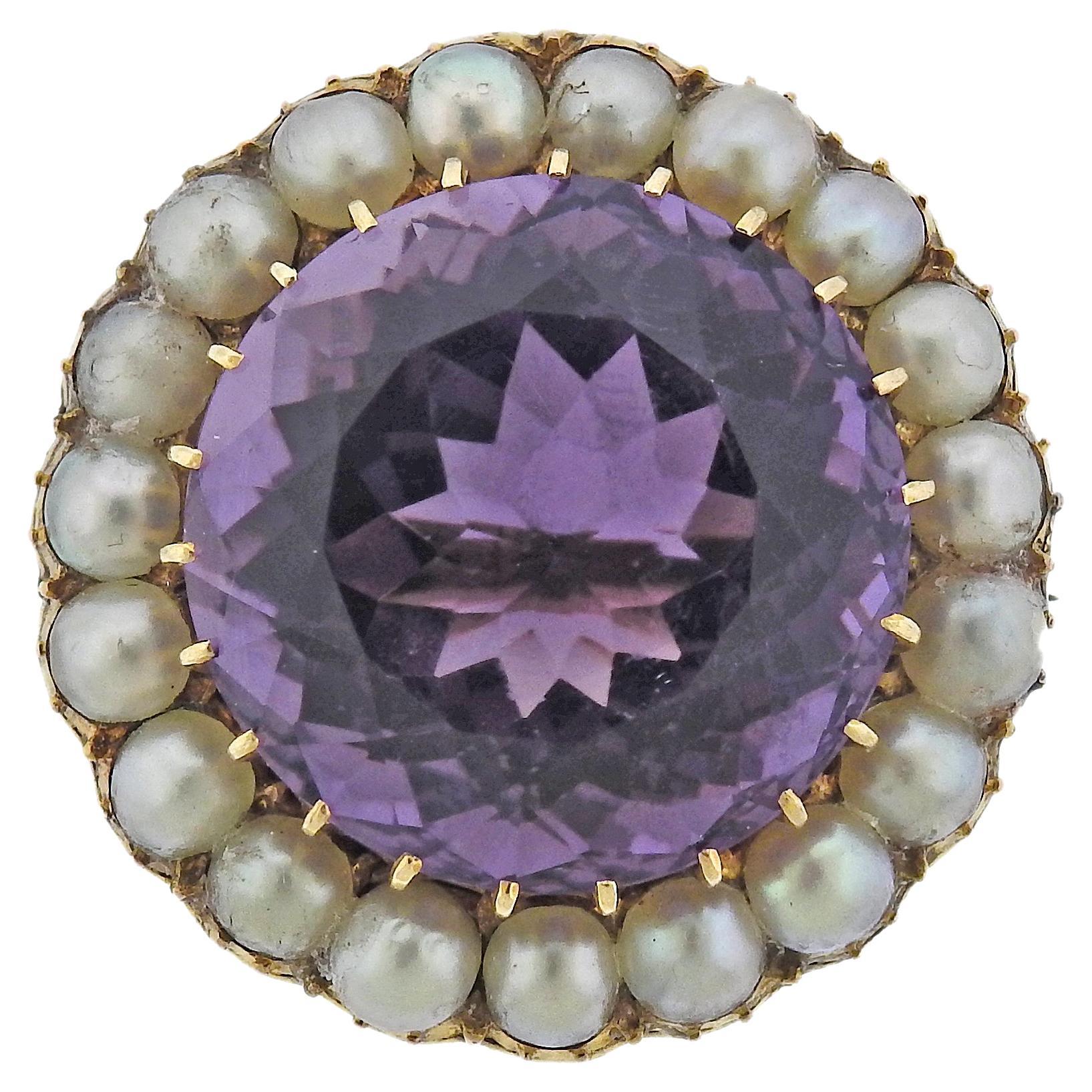 Antique Gold Amethyst Pearl Brooch For Sale