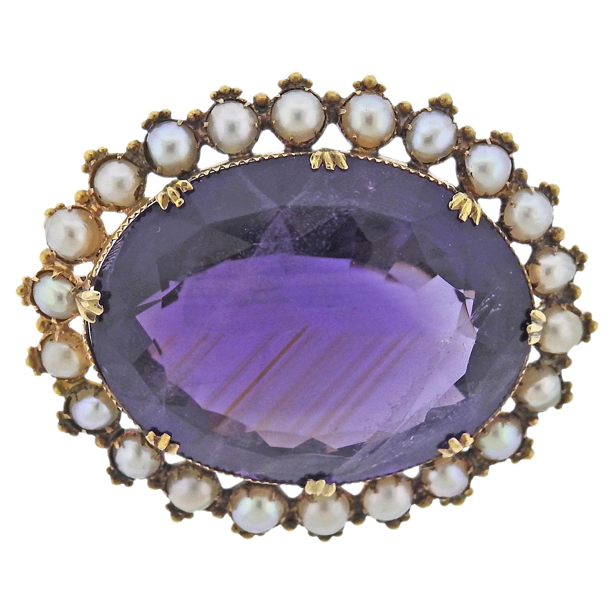 Antique Gold Amethyst Pearl Brooch For Sale