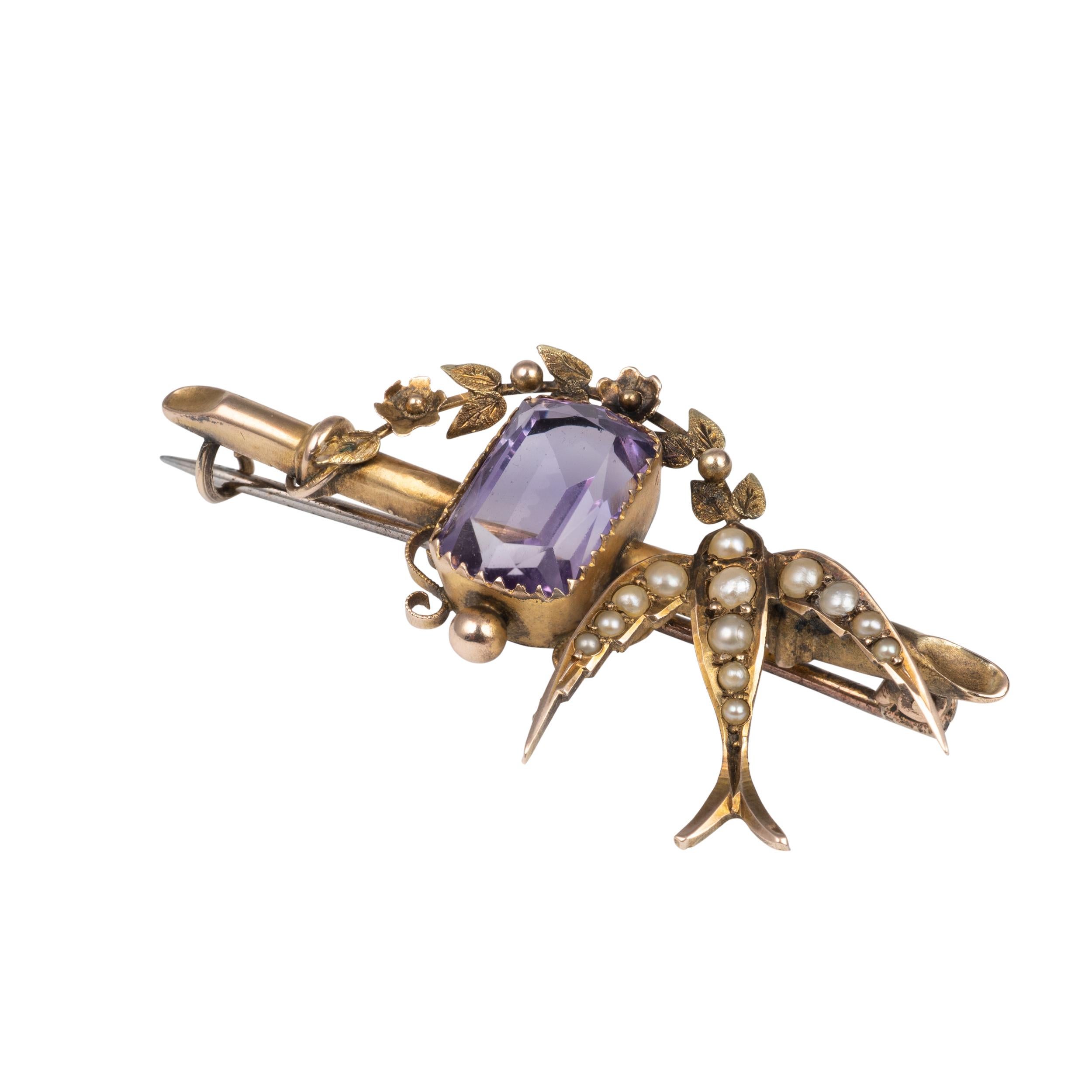 Antique Gold Amethyst and Pearl Swallow Bird Flower Garland Sweetheart Brooch  1