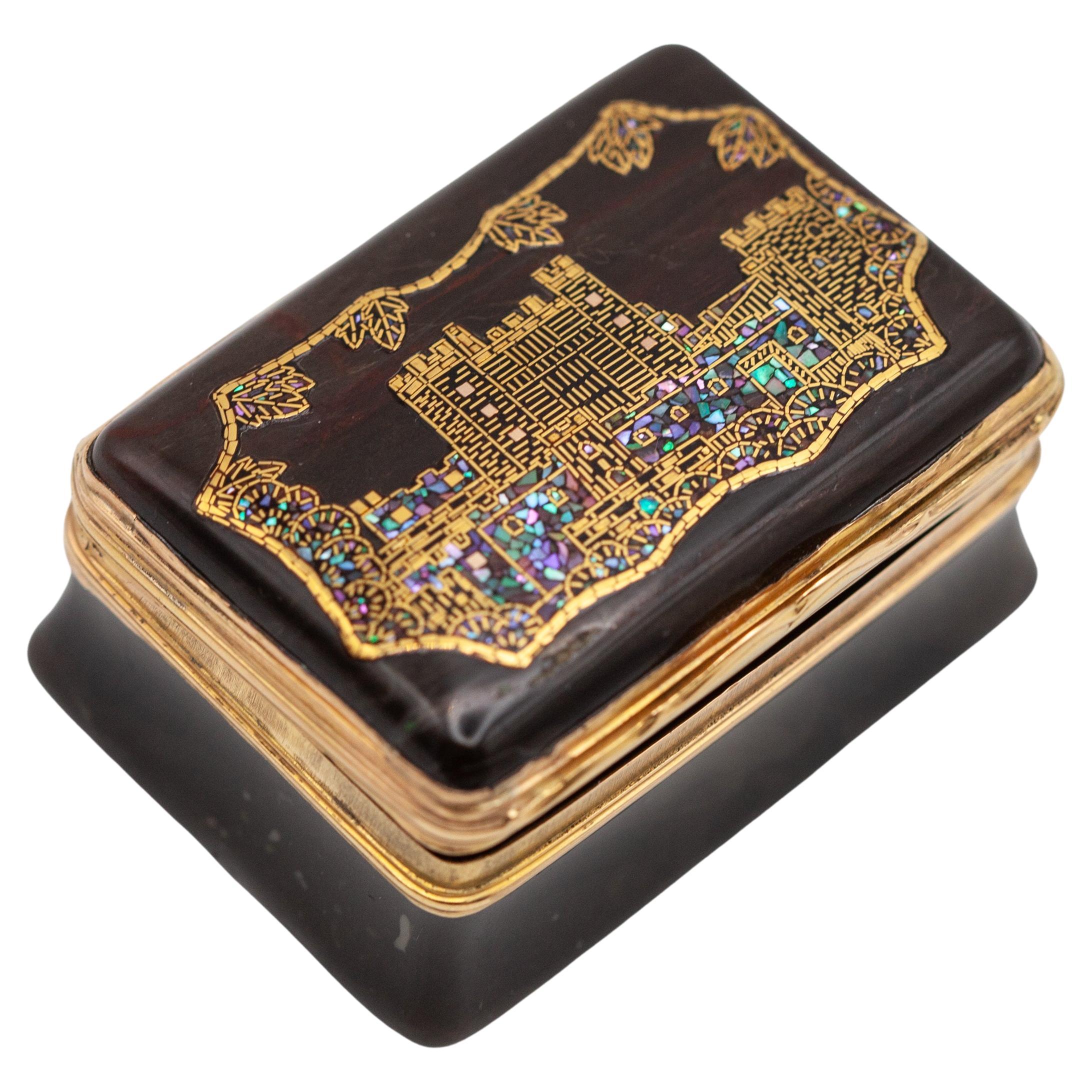 Antique Gold and Abalone Shell Inlay Agate Snuff Box
