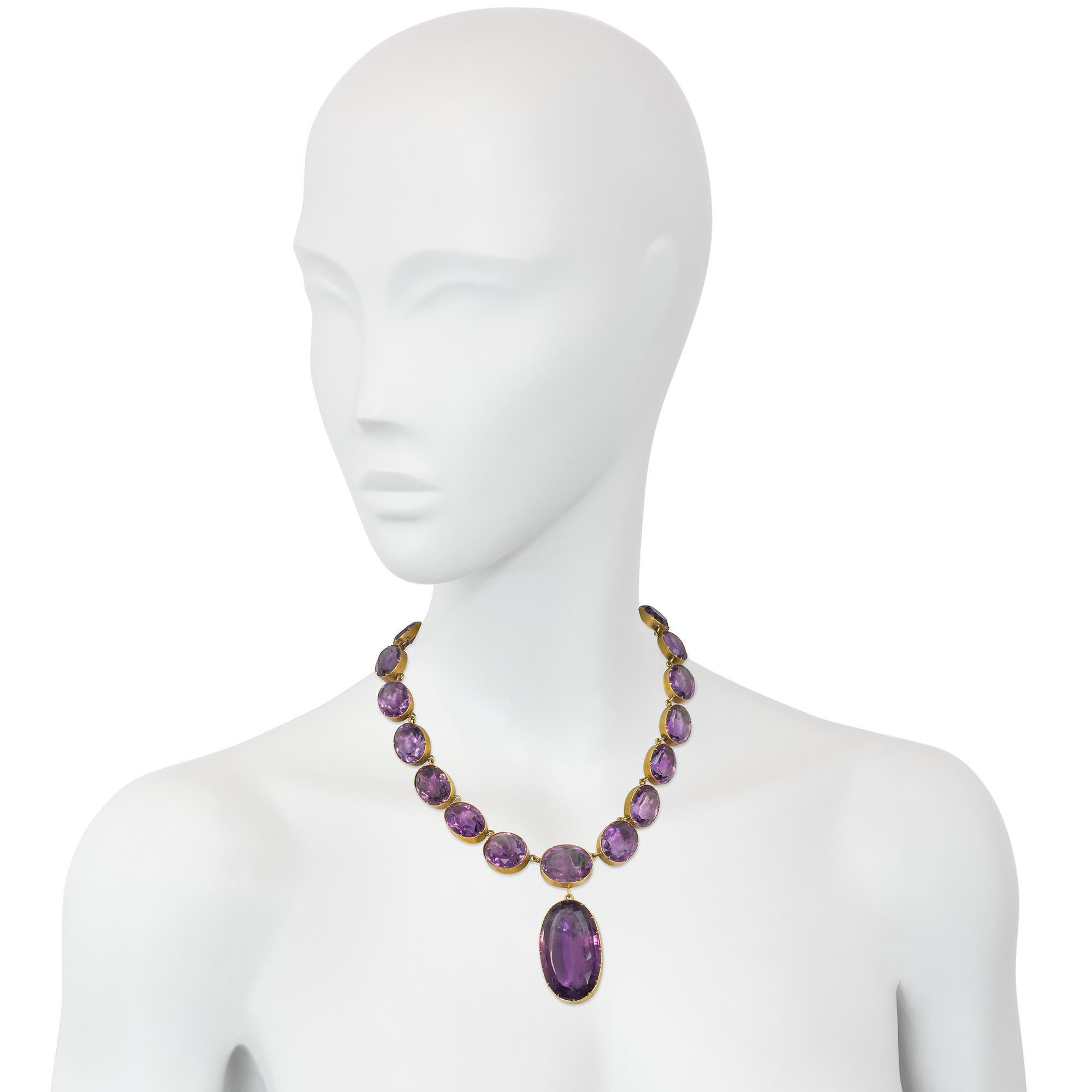 Oval Cut Antique Gold and Amethyst Rivière-Style Necklace with Detachable Pendant For Sale