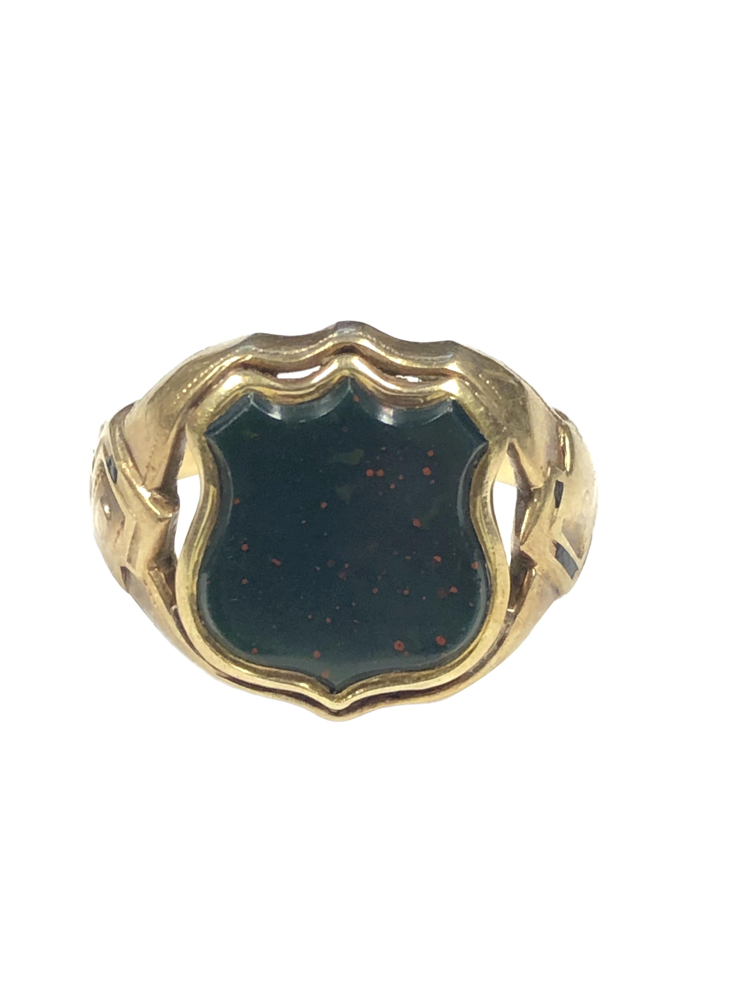 Circa 1900 Yellow Gold Signet ring, the top measures 1/2 X 1/2 inch and is set with a Blood stone Shield, Finger size 9