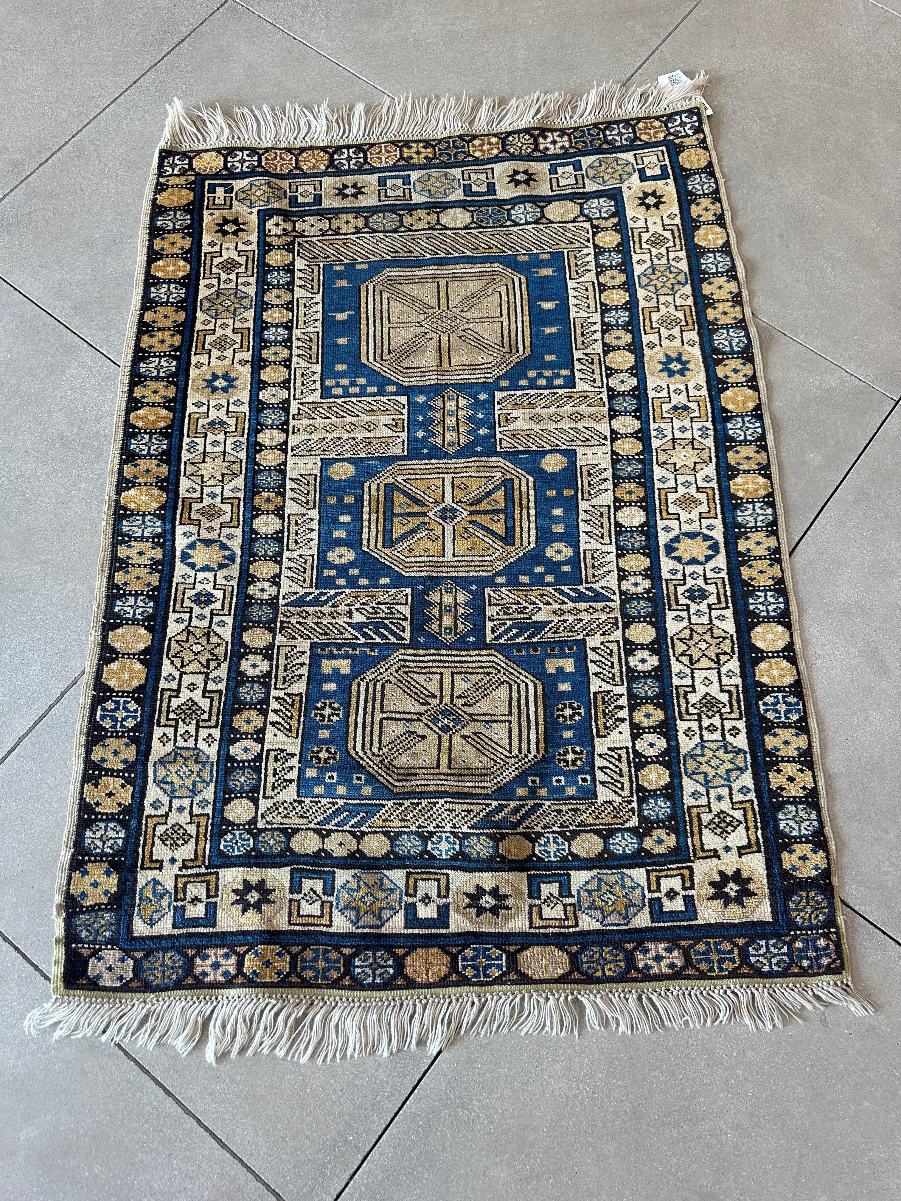 Hand-Woven Old Gold and Blue Turkish Wool Accent Rug For Sale
