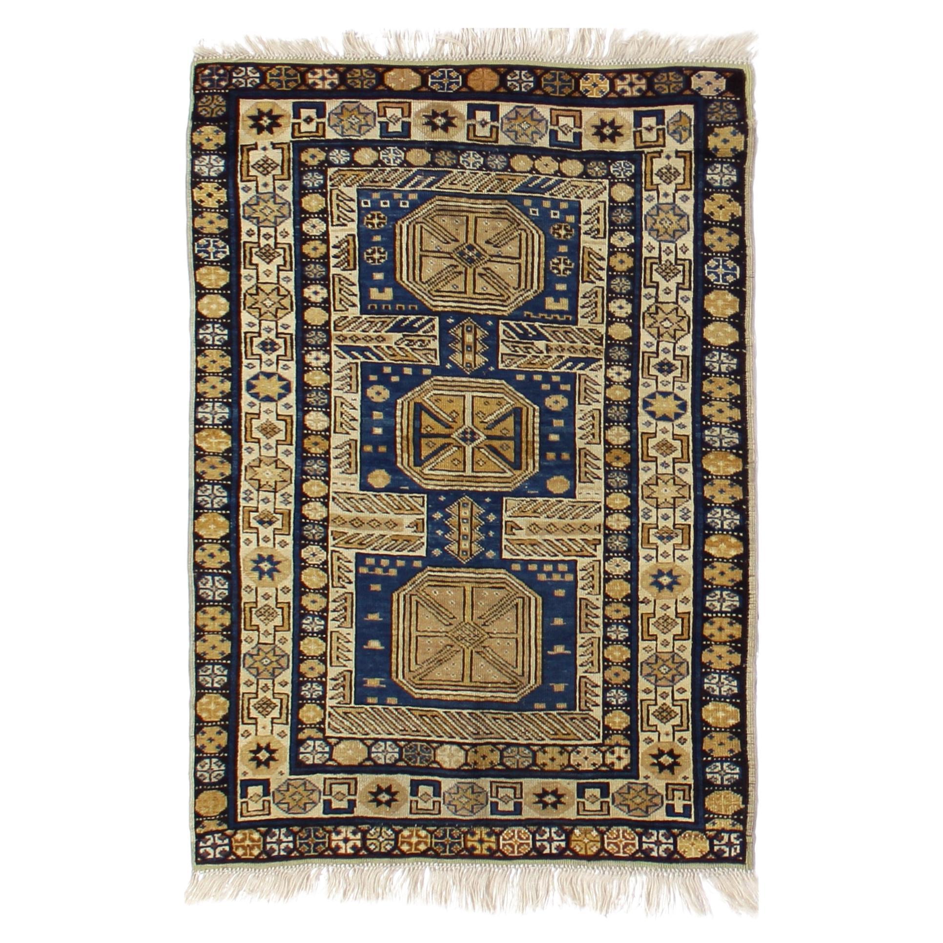 Old Gold and Blue Turkish Wool Accent Rug For Sale