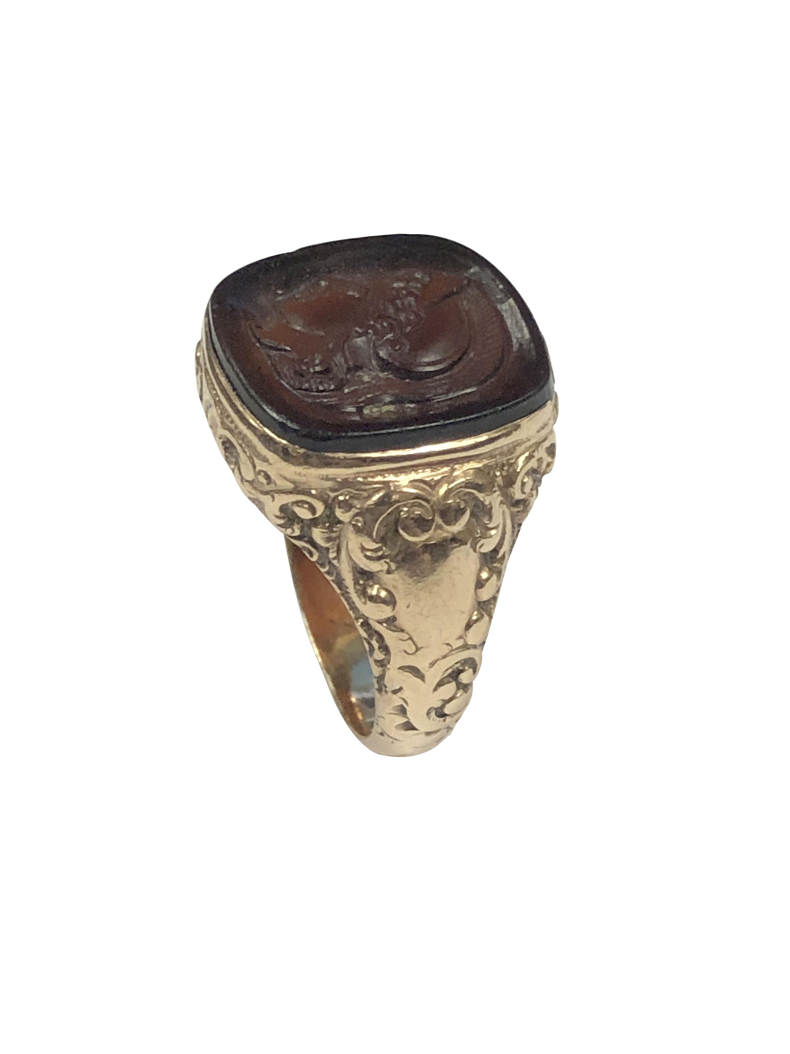Cabochon Antique Gold and Carnelian Intaglio Signet Ring For Sale