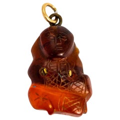 Antique Gold and Carved Amber Buddha Pendant