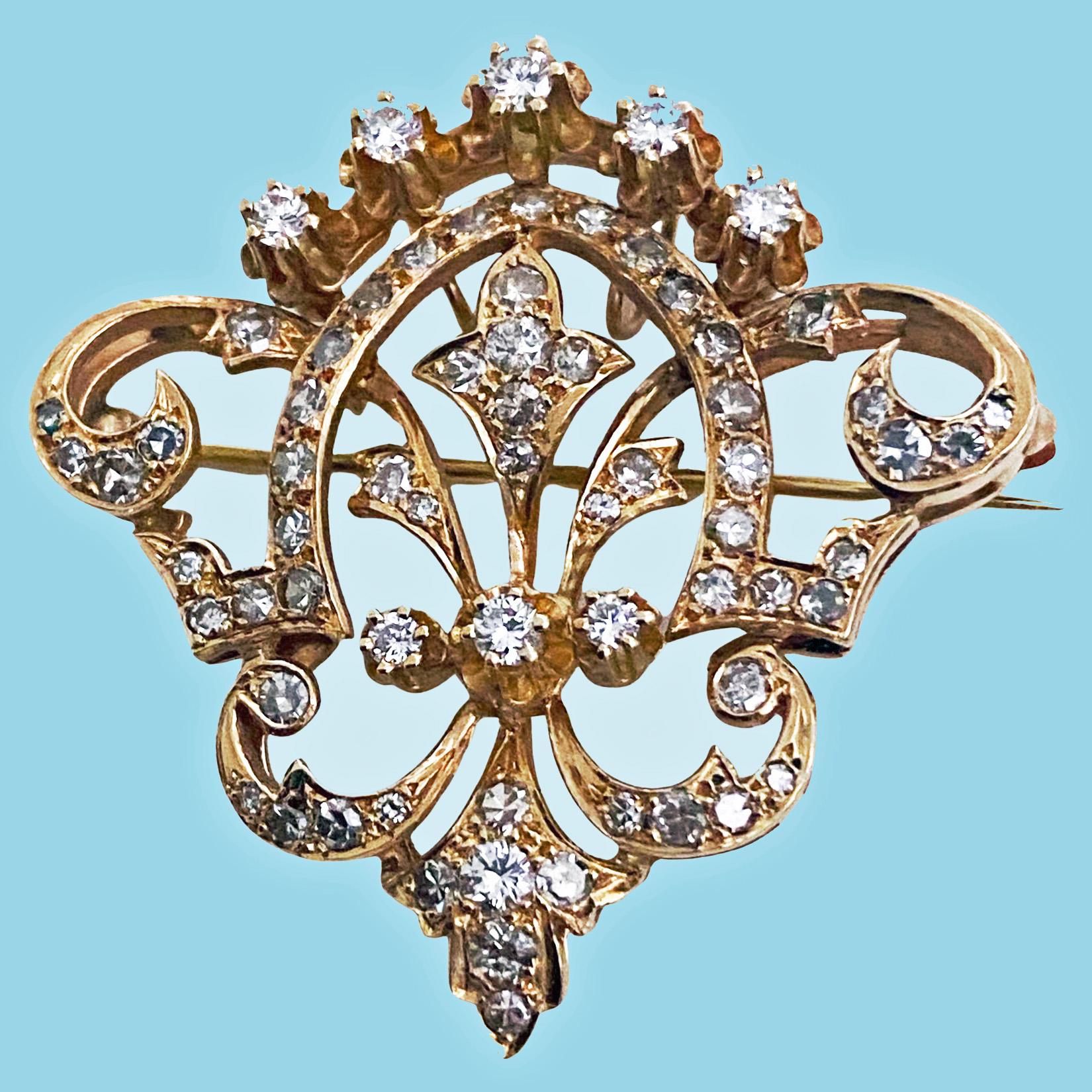 Gold and Diamond Brooch/ Pendant. The Brooch pendant of early 20th century antique style set with 67 mixed round brilliant and single cut Diamonds, approximately 1.90 cts total diamond weight, average SI- I1 clarity, average J colour all mounted in