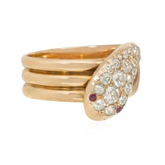 Antique Gold and Diamond Coiled Snake Ring with Ruby Eyes
