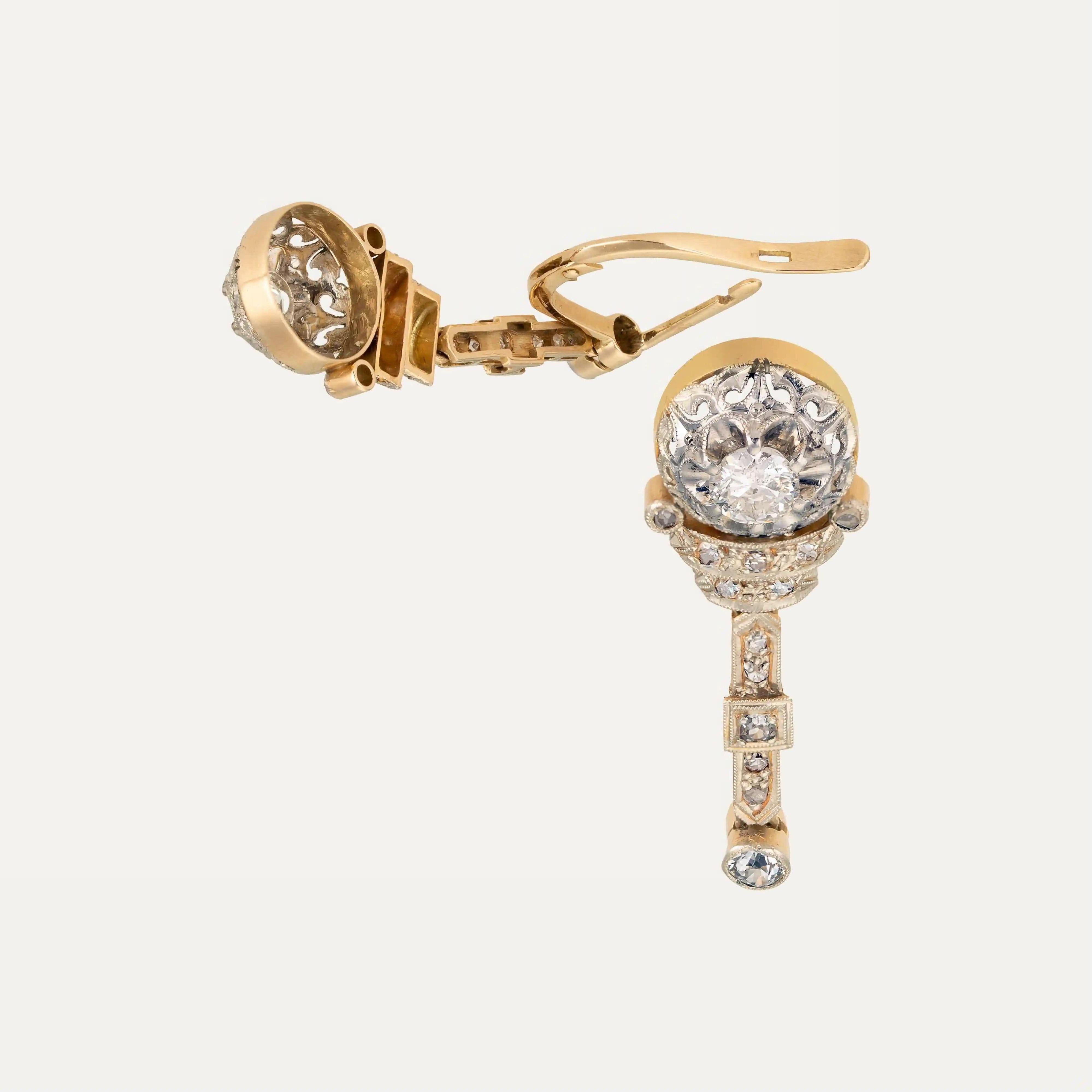 Round Cut Antique Gold and Diamond Earrings For Sale