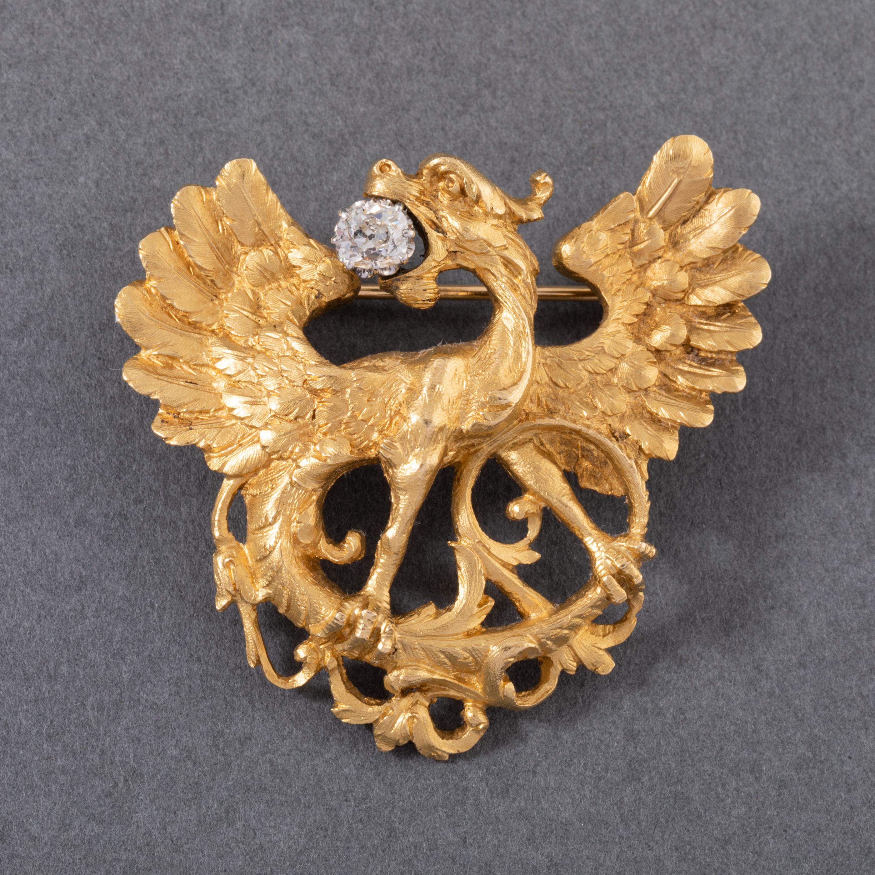 Very beautiful antique brooch, made in France circa 1890.
Made in yellow gold 18k and set with an old mine cut diamond of 0.50 carat approximately. 
HallmarKs for gold: the eagle head, hallmark of maker (unknown).
Dimensions: 4.8 * 4.9 cm.
Total