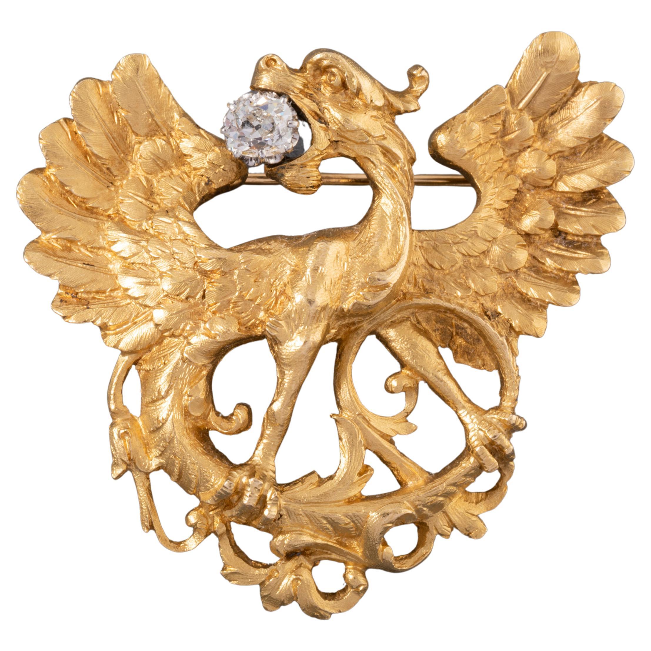 Antique Gold and Diamond French "Chimère" Brooch For Sale