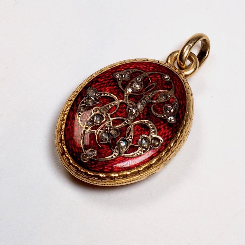 Antique Gold and Diamond Guilloche Enamel Locket 2