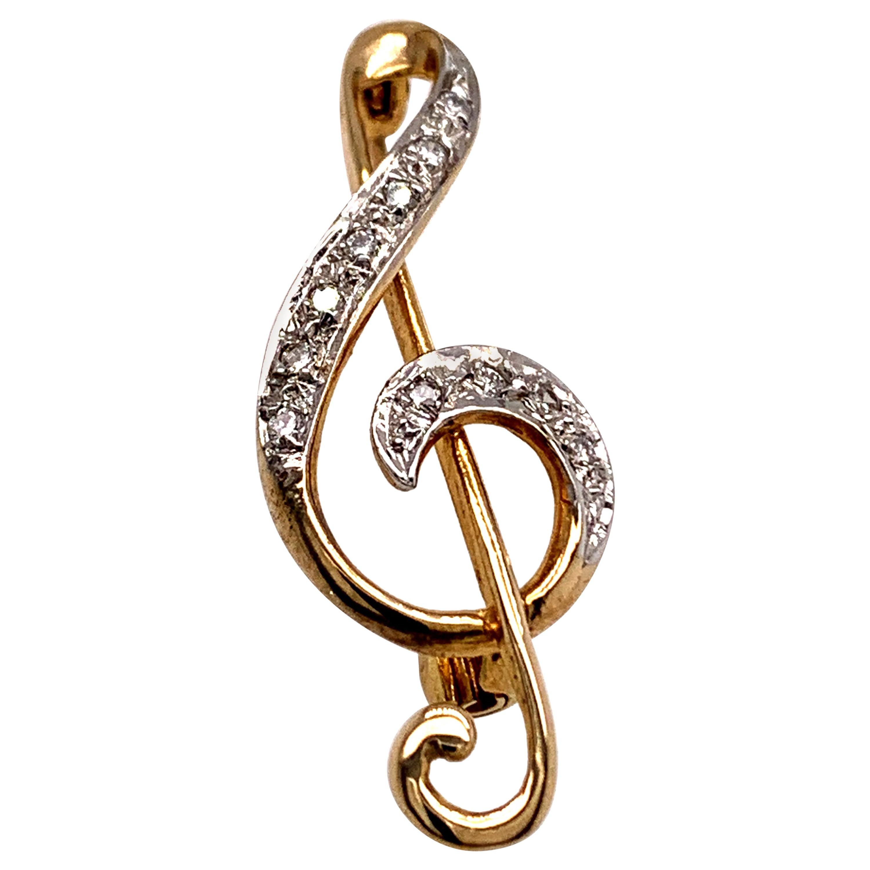Antique Gold and Diamond Musical Clef Pin For Sale