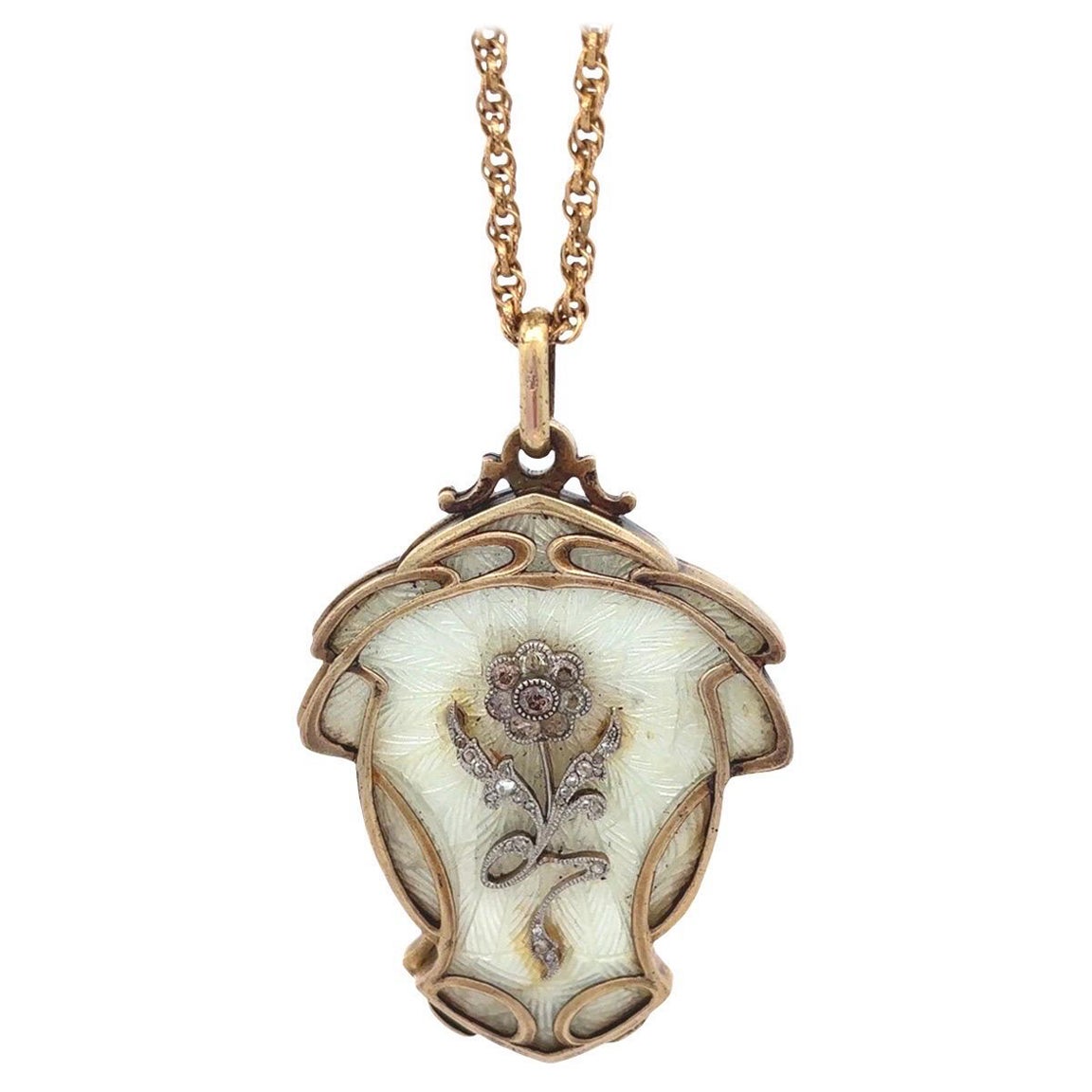 Antike Gold und Diamant Rose Emaille Medaillon Anhänger Halskette