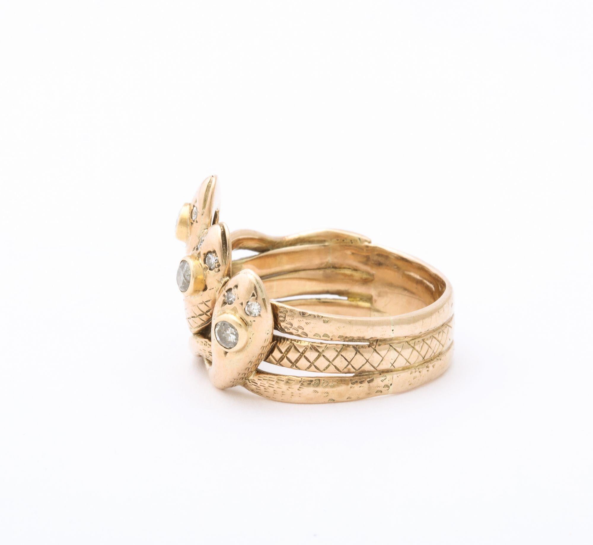 Antique Gold and Diamond Triple Head Snake Ring 4