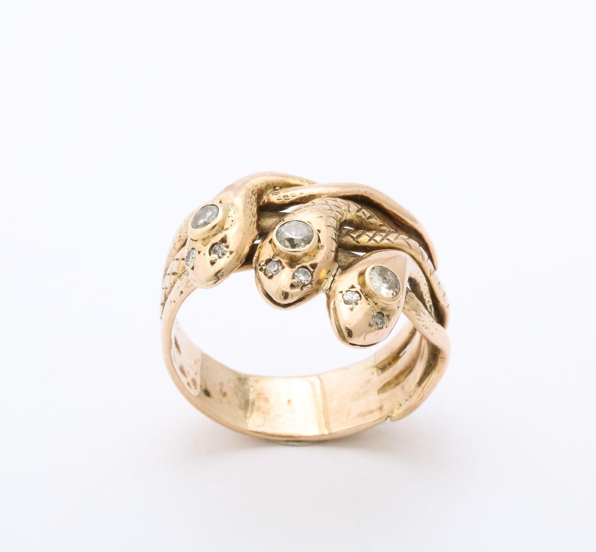 Late Victorian Antique Gold and Diamond Triple Head Snake Ring