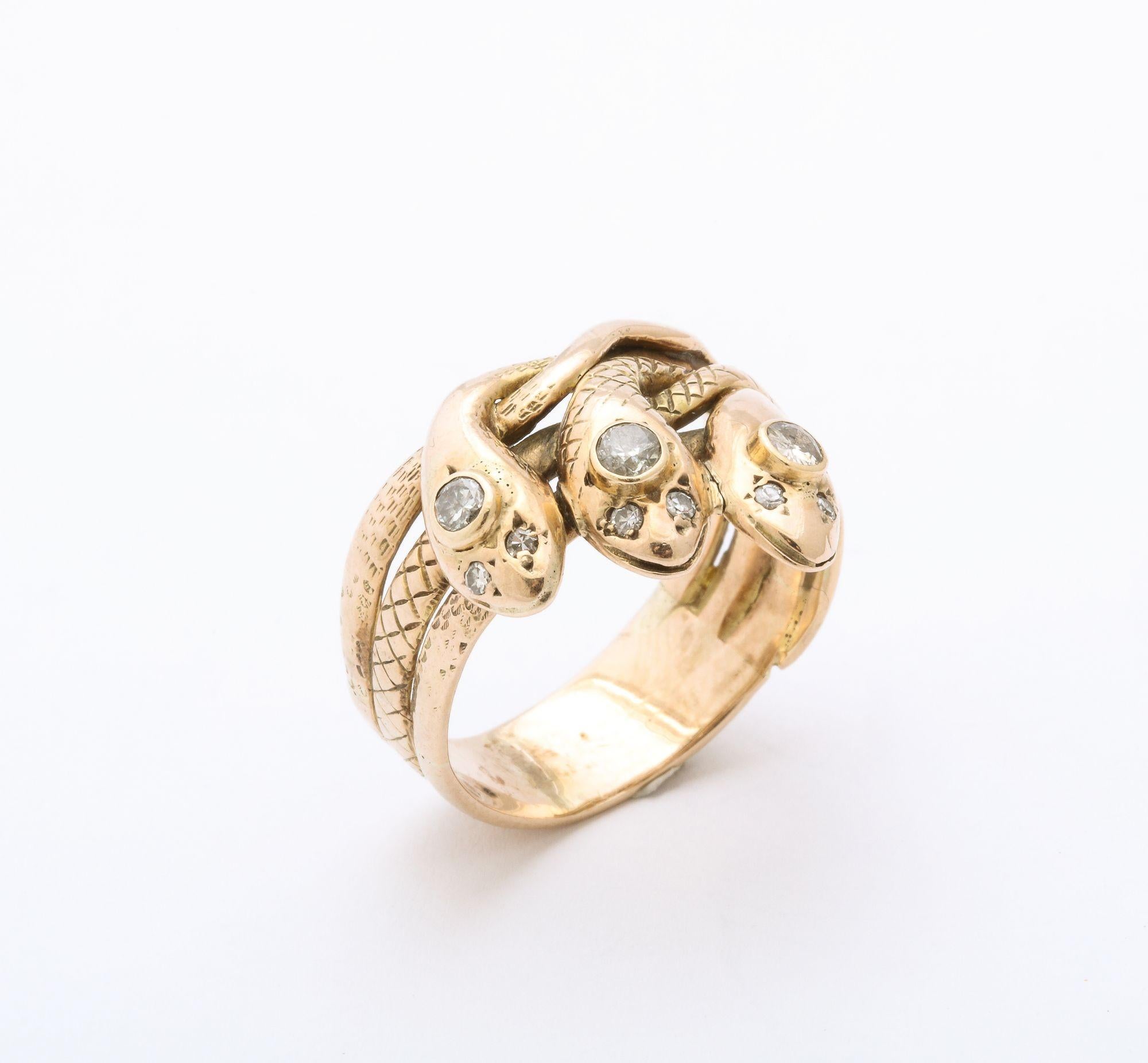 Old European Cut Antique Gold and Diamond Triple Head Snake Ring