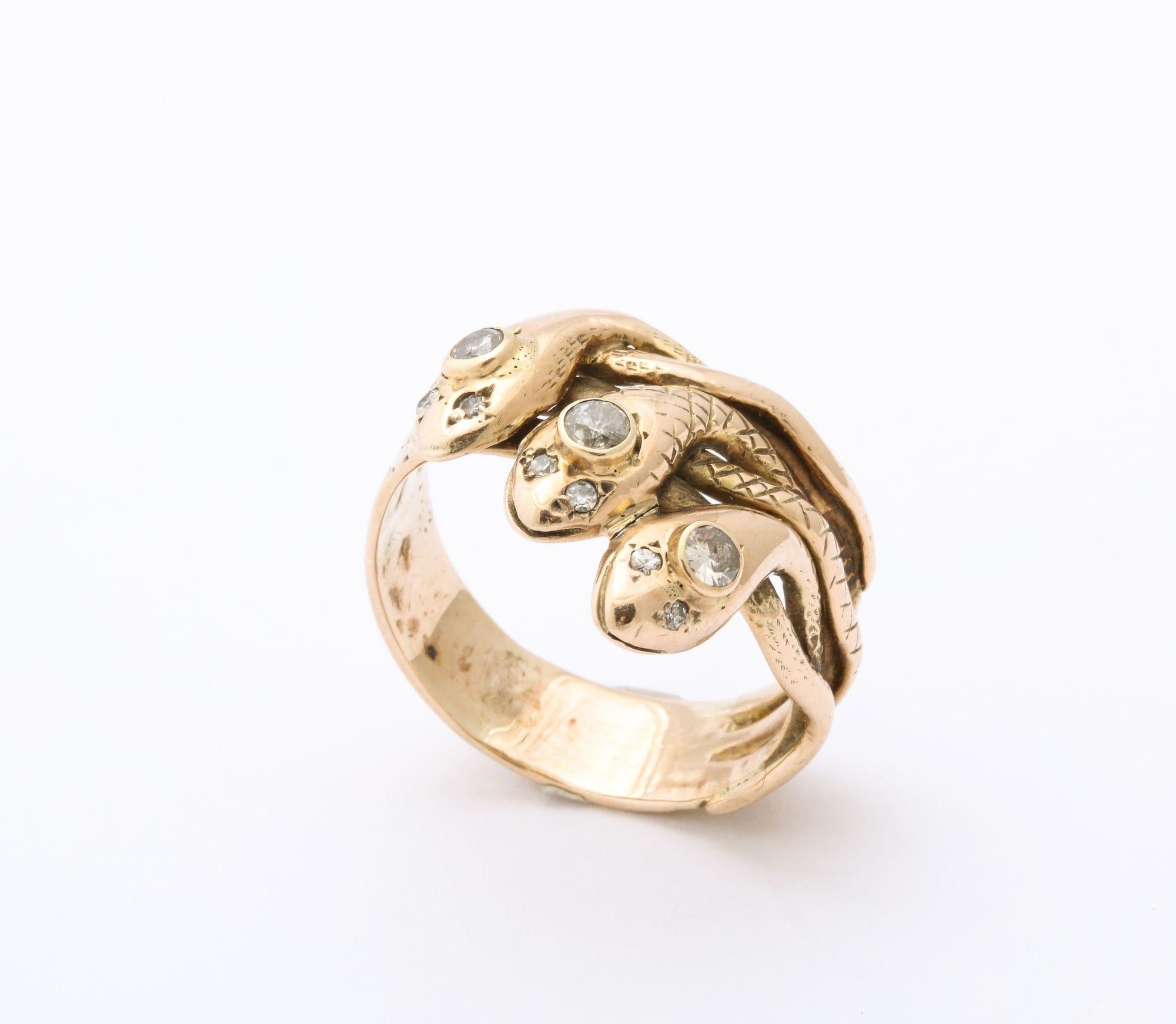 Antique Gold and Diamond Triple Head Snake Ring In Good Condition In New York, NY