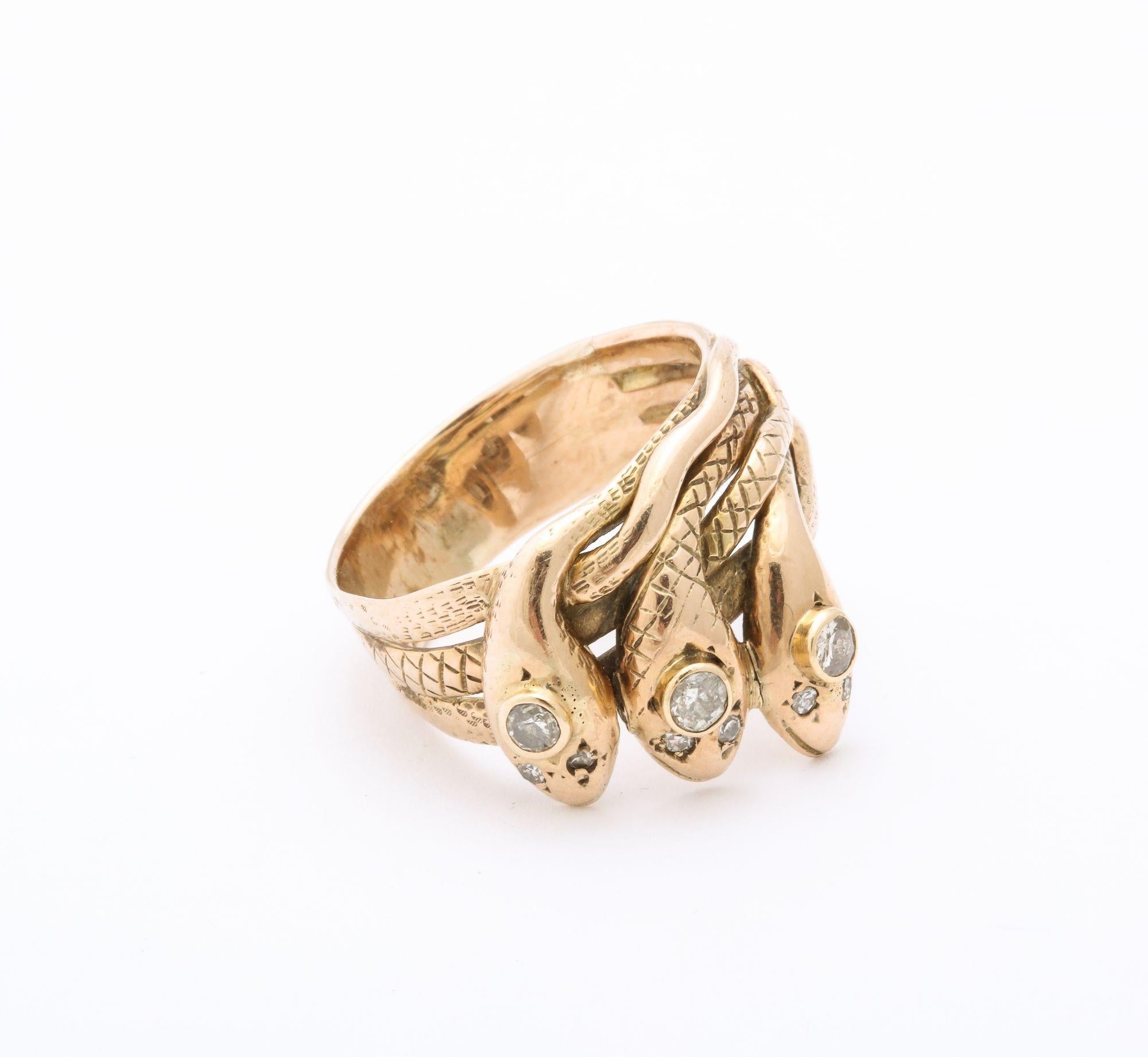 Women's Antique Gold and Diamond Triple Head Snake Ring