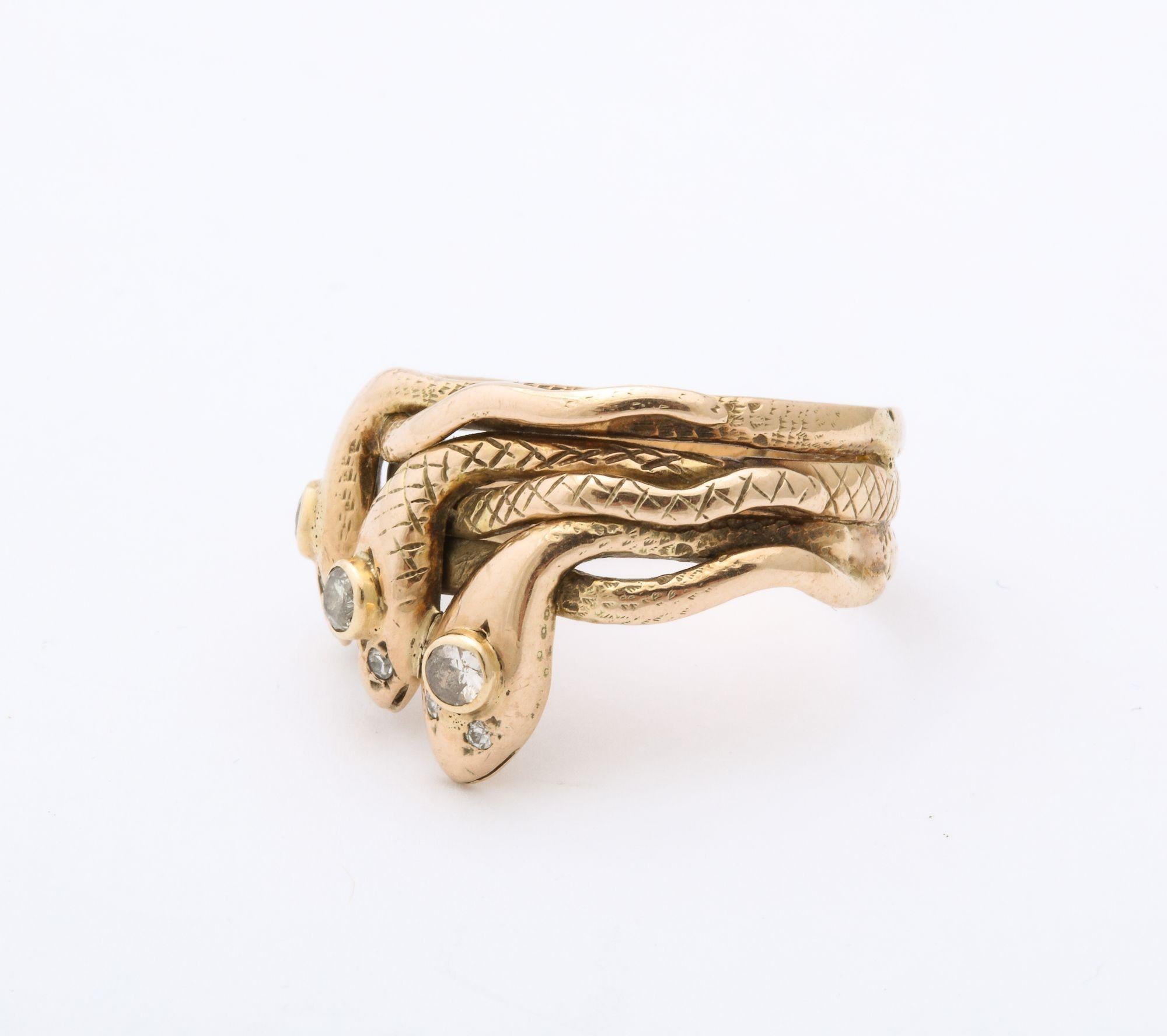 Antique Gold and Diamond Triple Head Snake Ring 1
