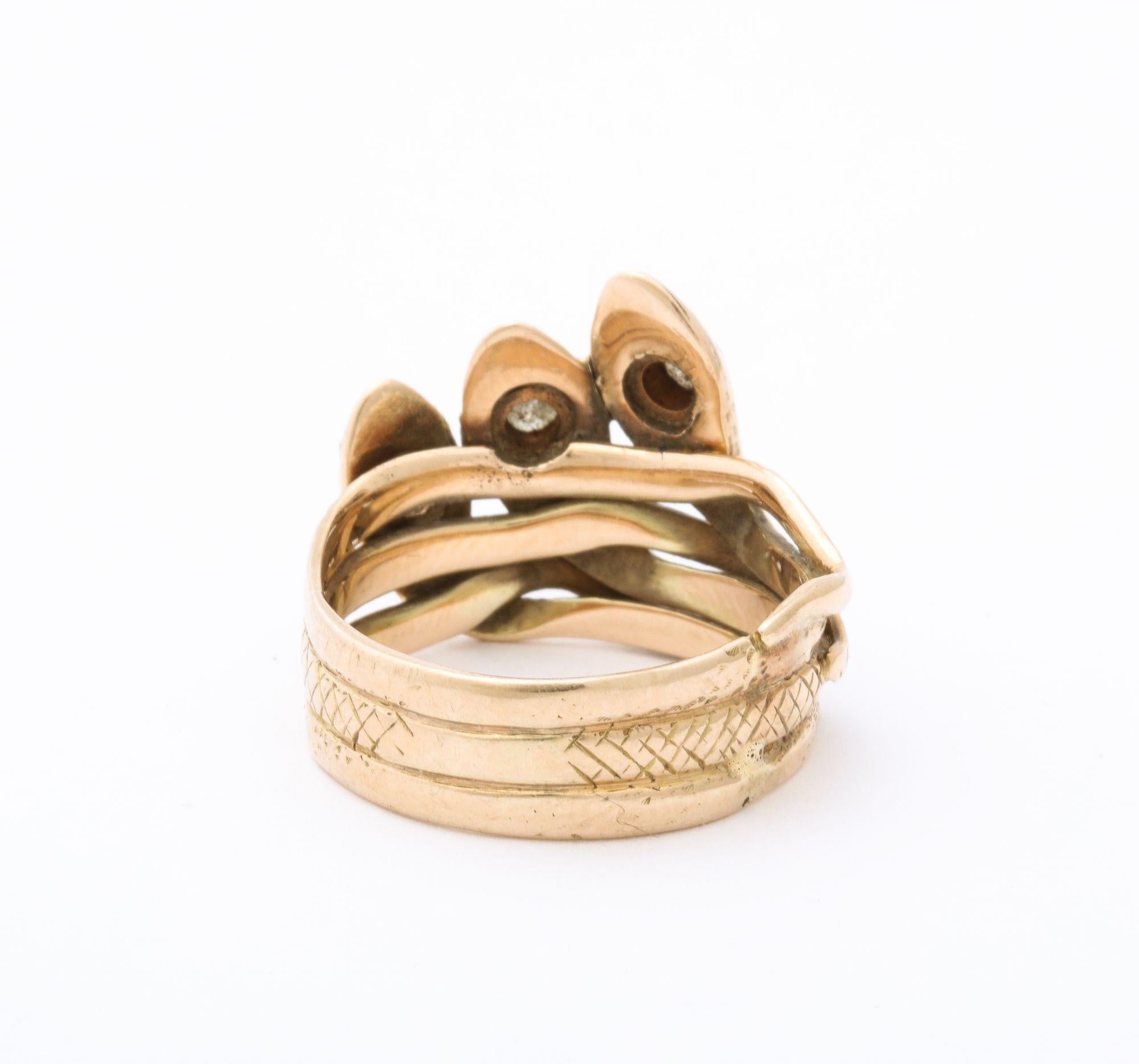 Antique Gold and Diamond Triple Head Snake Ring 2