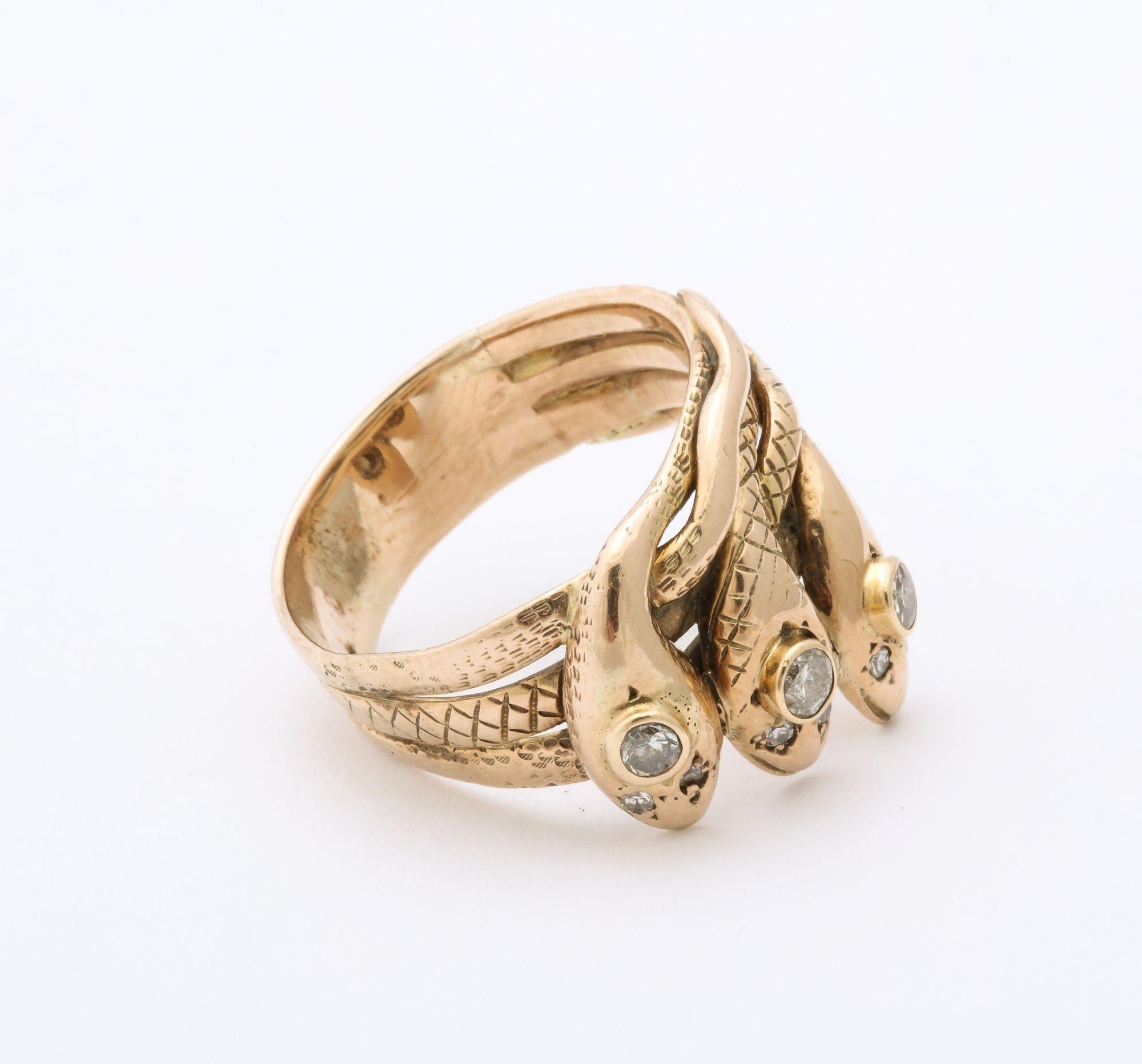 Antique Gold and Diamond Triple Head Snake Ring 3