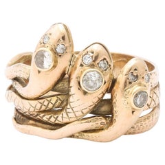 Antique Gold and Diamond Triple Head Snake Ring