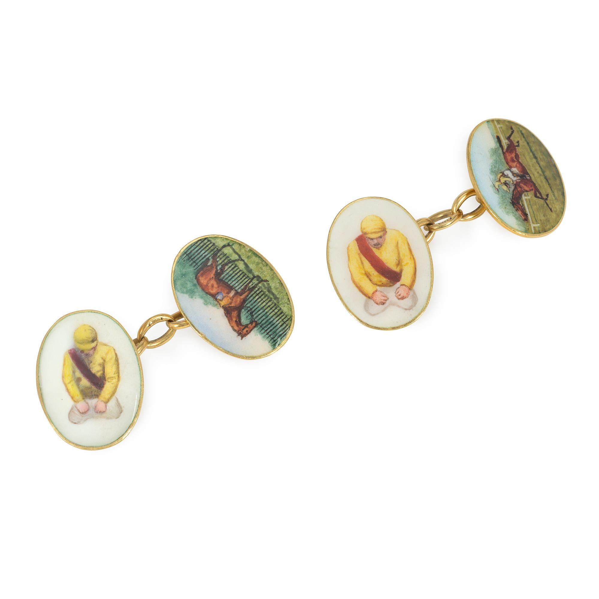 A pair of antique, Victorian period gold and enamel oval double-sided sporting cufflinks with chain link joiners, each cufflink featuring a painted jockey on one side and a racehorse on the other, in 18k.