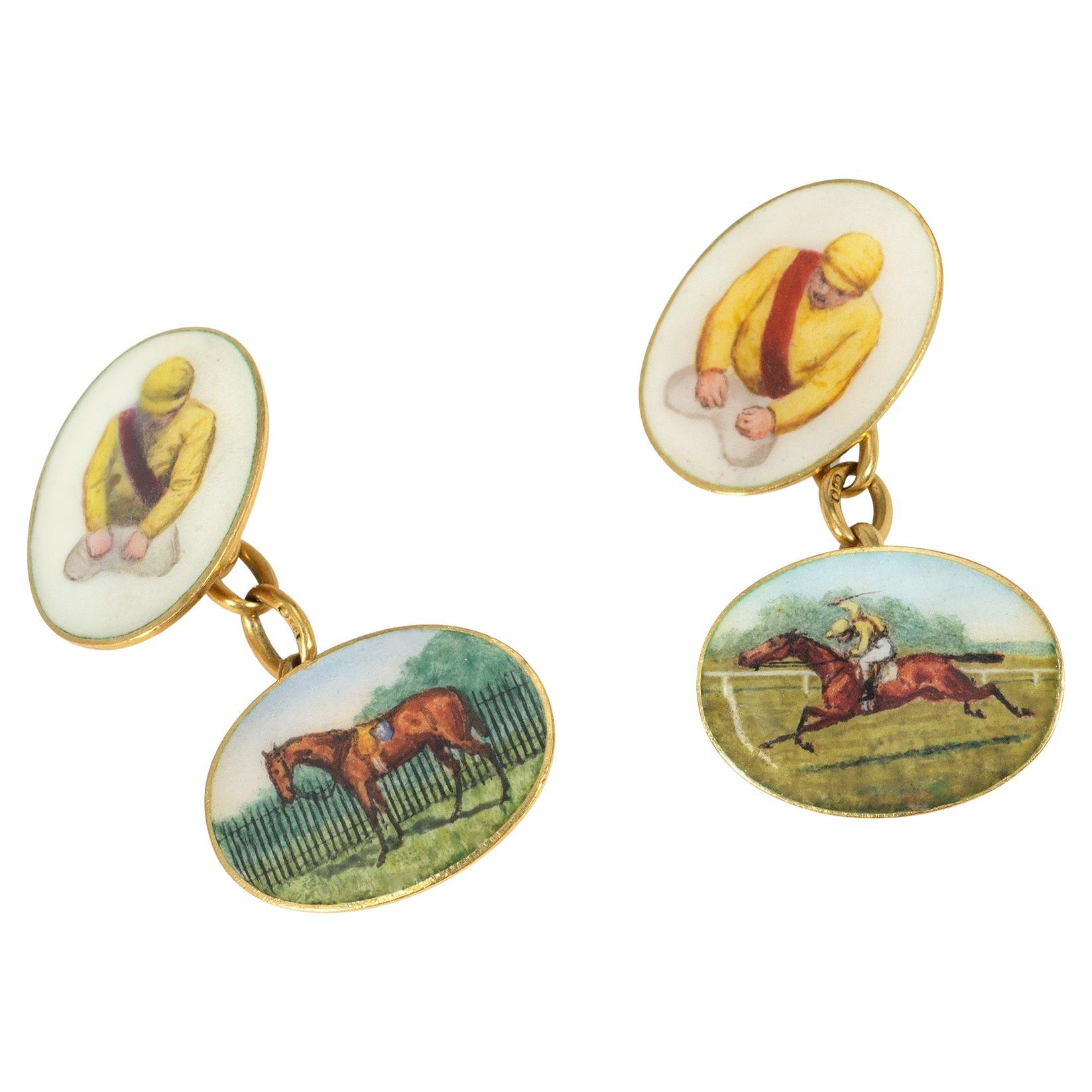 Antique Gold and Enamel Double Sided Cufflinks with Jockeys and Racehorses For Sale