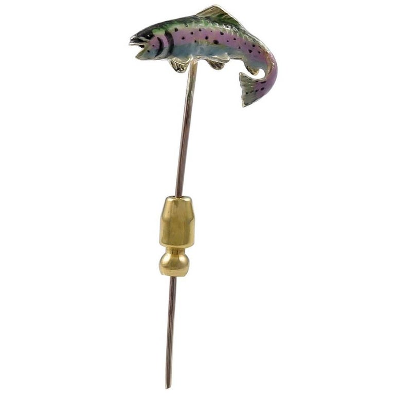 Antique Gold and Enamel Fish Stick Pin For Sale
