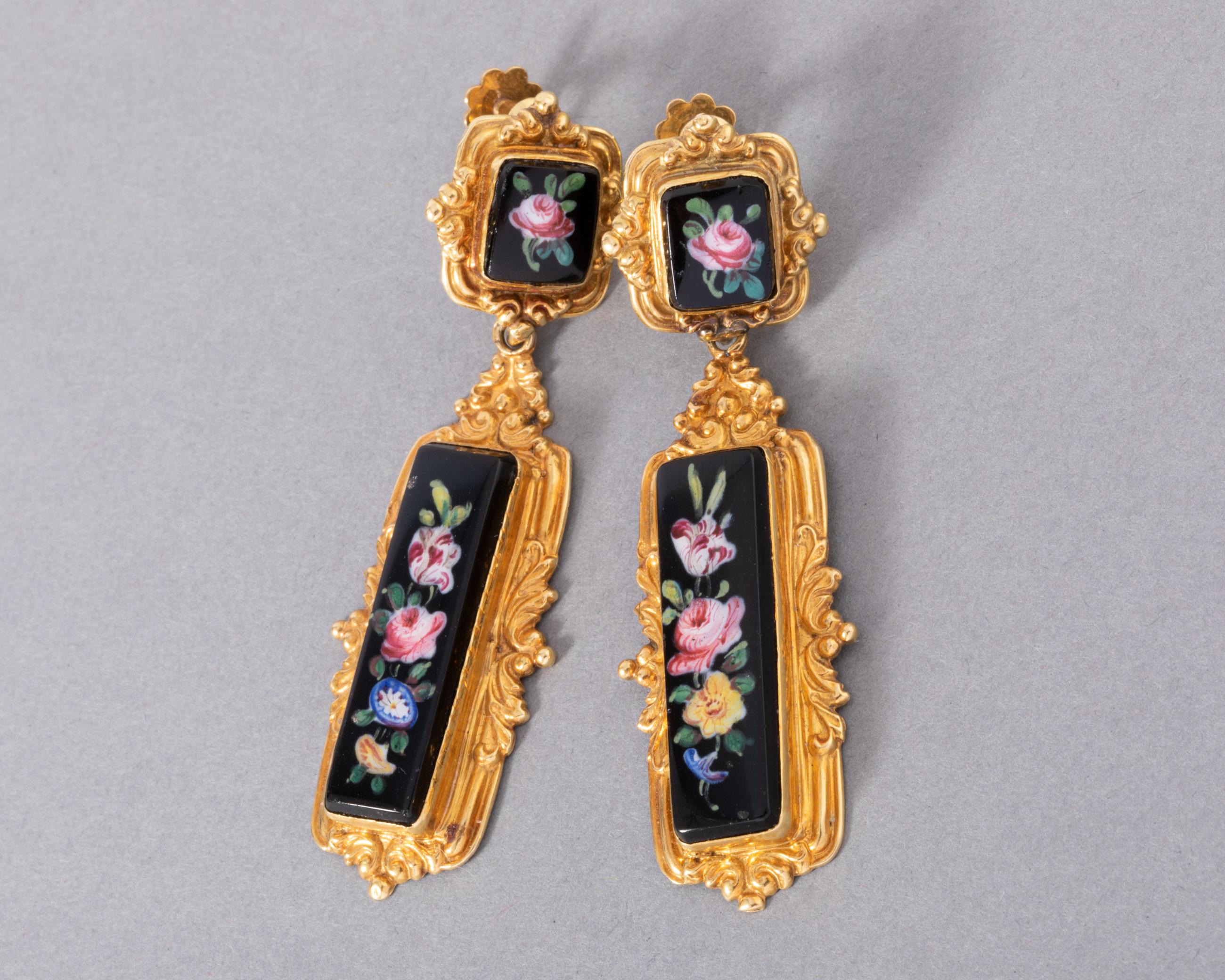 Romantic Antique Gold and Enamel French Earrings and Brooch
