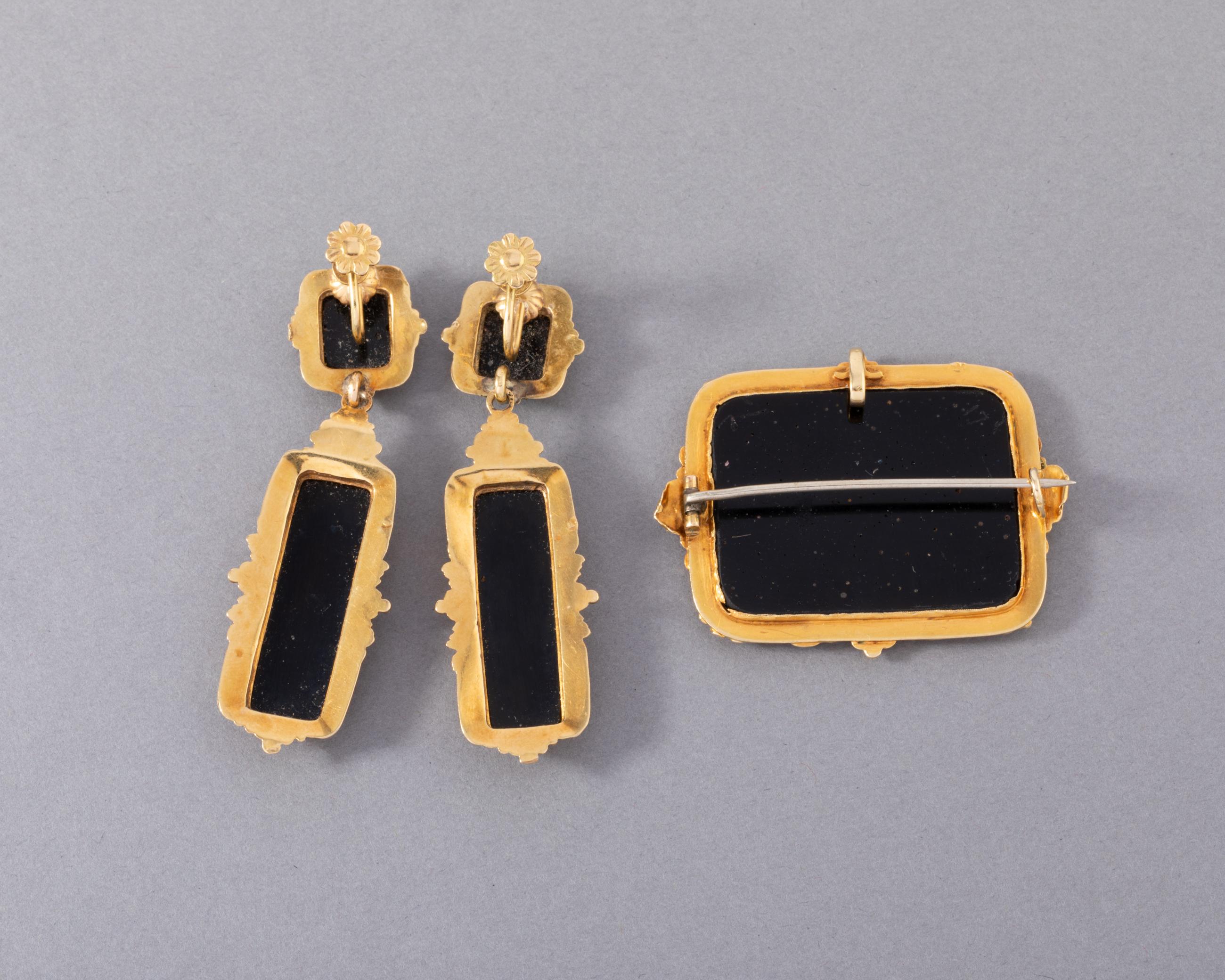 Antique Gold and Enamel French Earrings and Brooch In Good Condition In Saint-Ouen, FR