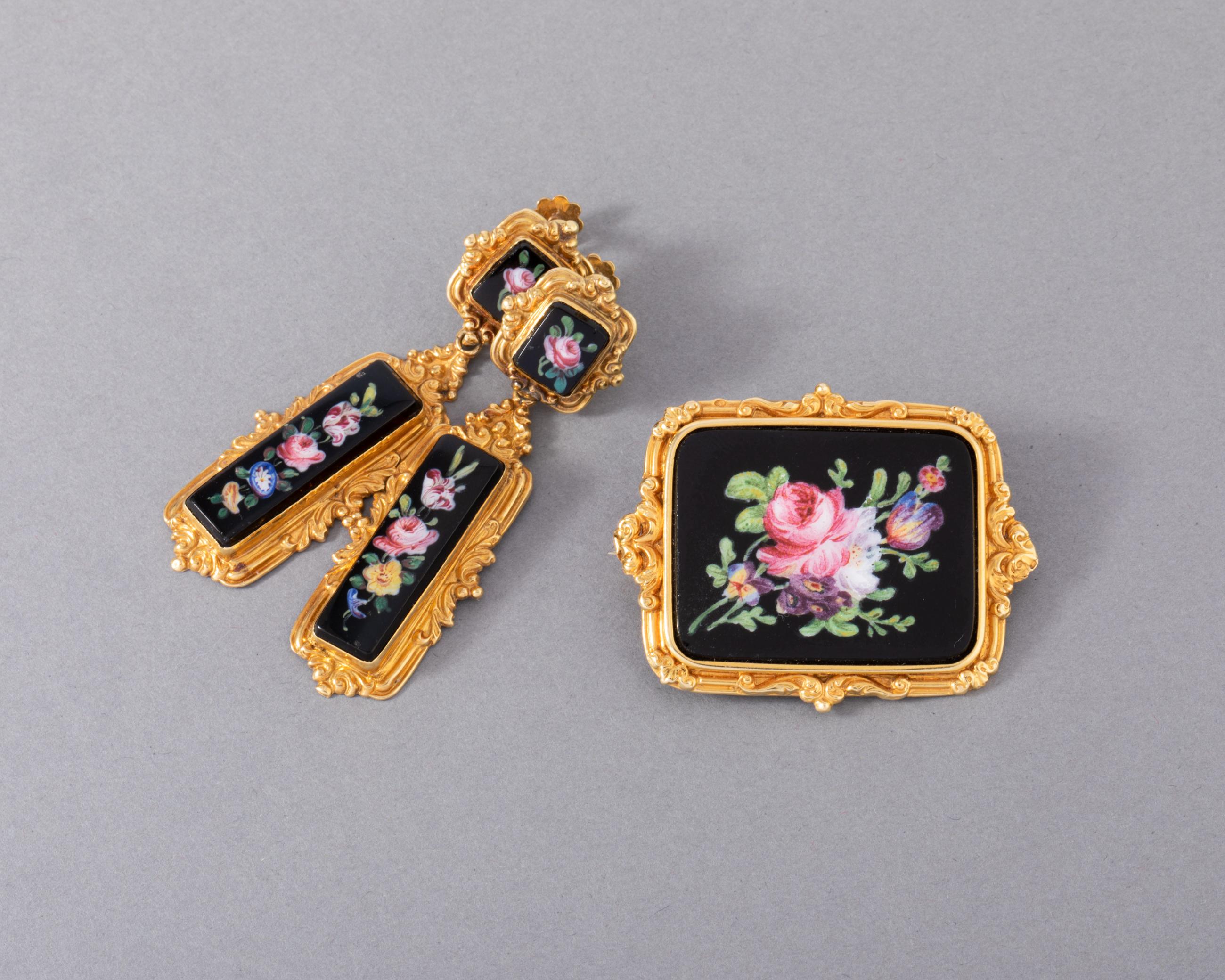 Antique Gold and Enamel French Earrings and Brooch 1