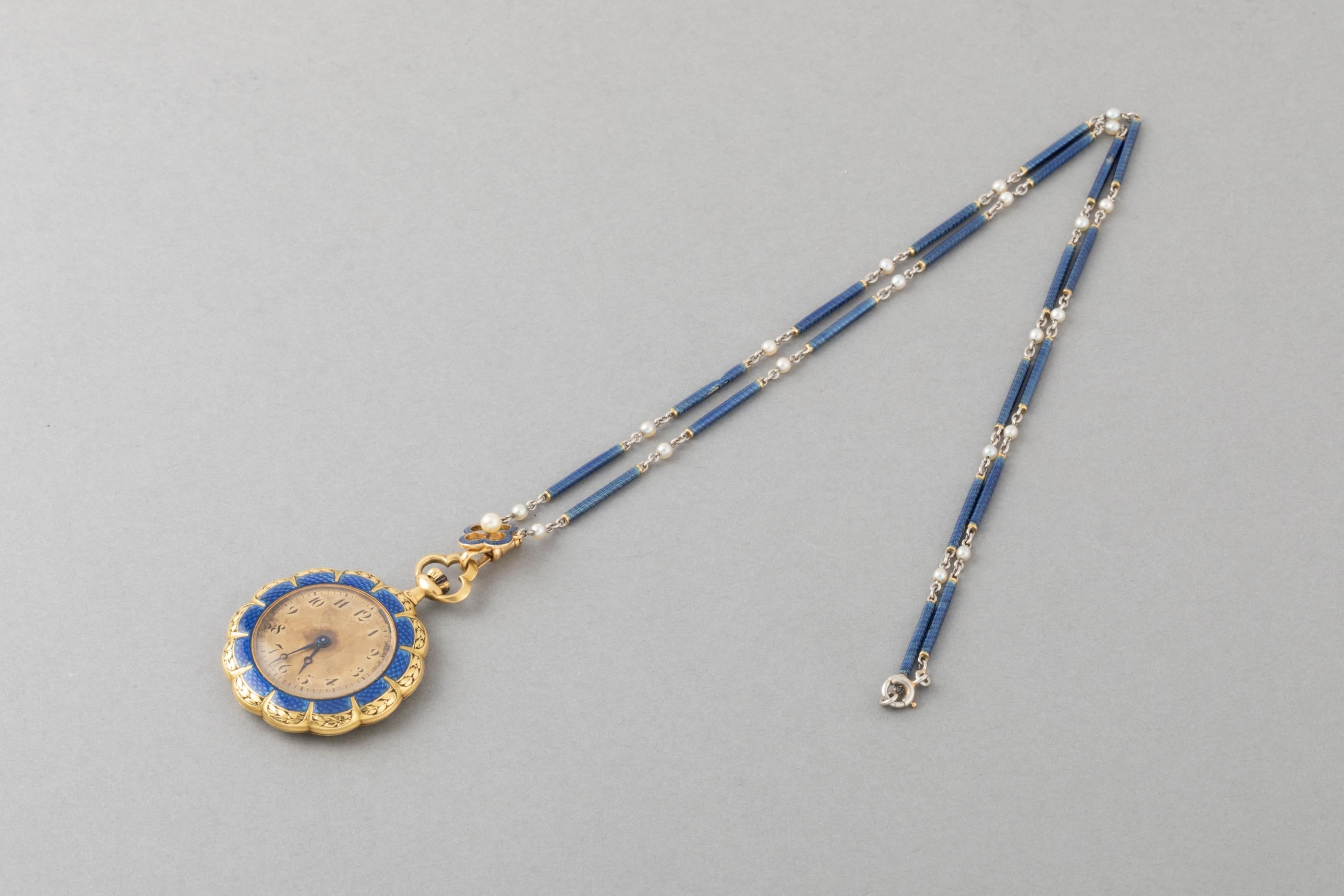 Antique Gold and Enamel French Watch Necklace In Good Condition For Sale In Saint-Ouen, FR
