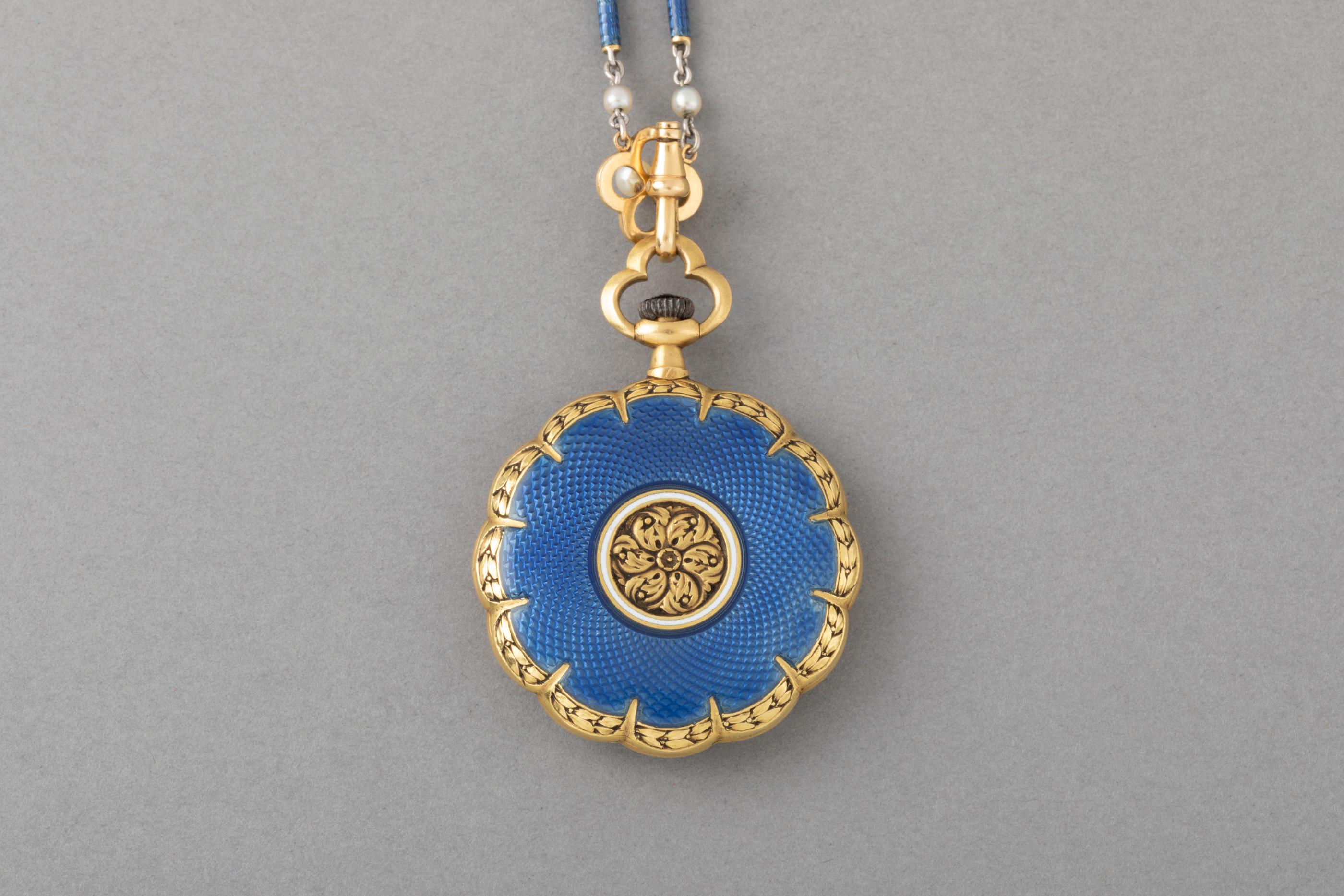 Women's or Men's Antique Gold and Enamel French Watch Necklace For Sale