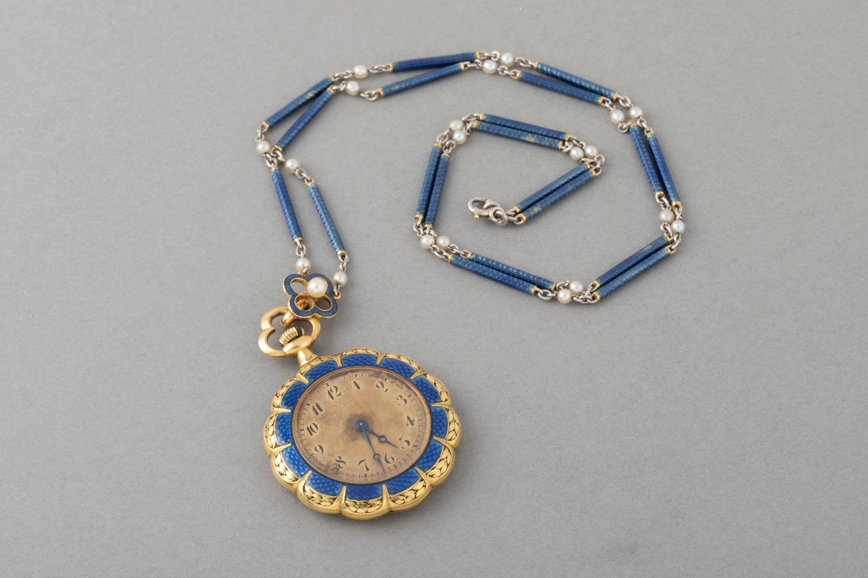 Antique Gold and Enamel French Watch Necklace For Sale 1